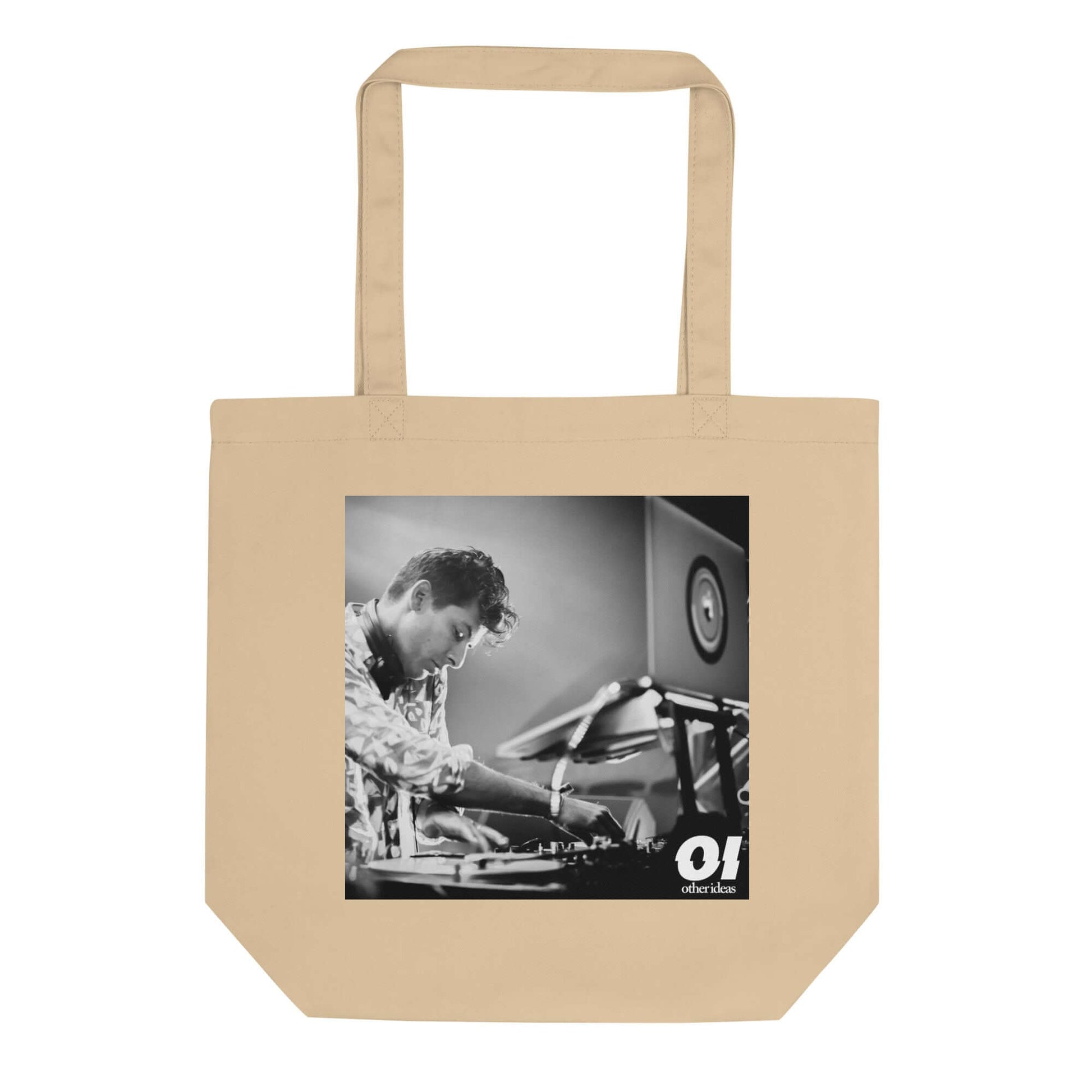 other ideas eco streetwear natural oyster organic cotton vegan tote bag with black and white Dj Mark Ronson photo print flat front view