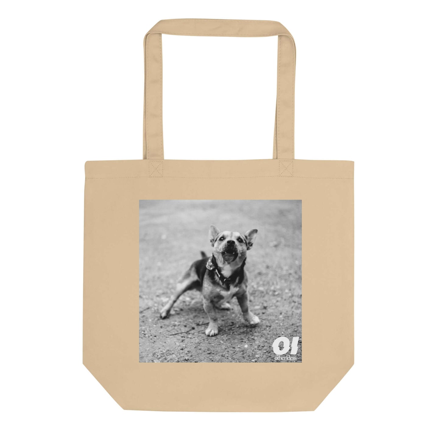 other ideas eco streetwear natural oyster organic cotton vegan tote bag with black and white dog photo print flat front view