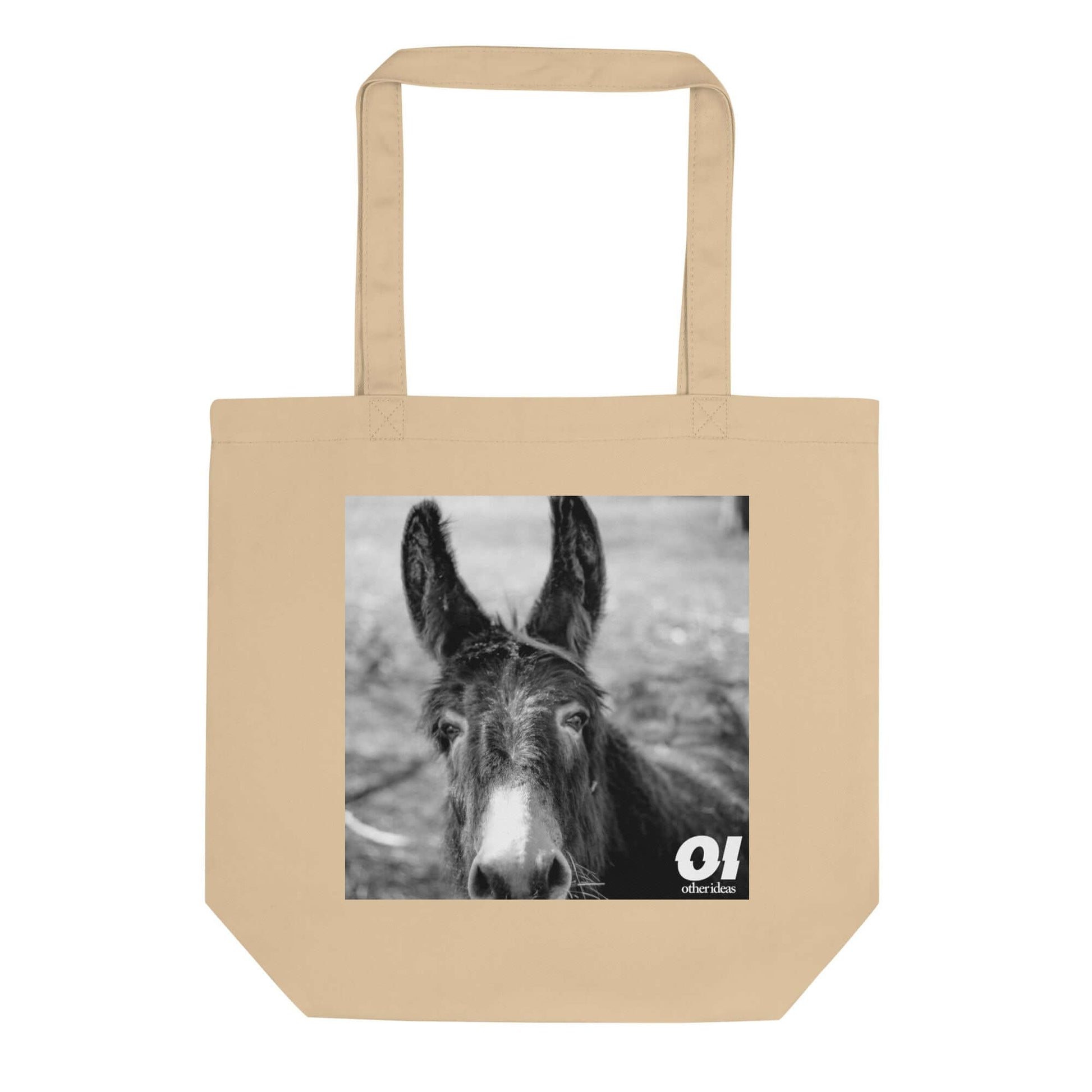 other ideas eco streetwear natural oyster organic cotton vegan tote bag with black and white happy donkey photo print flat front view