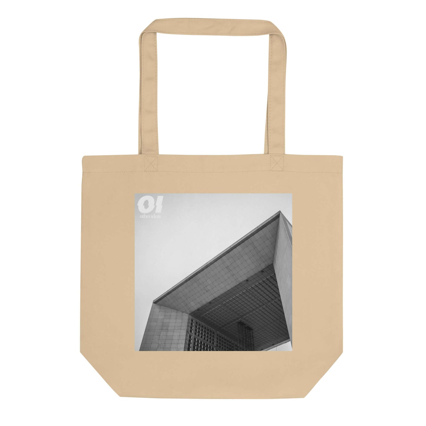 other ideas eco streetwear natural oyster organic cotton vegan tote bag with black and white La Defense architecture photo print flat front view