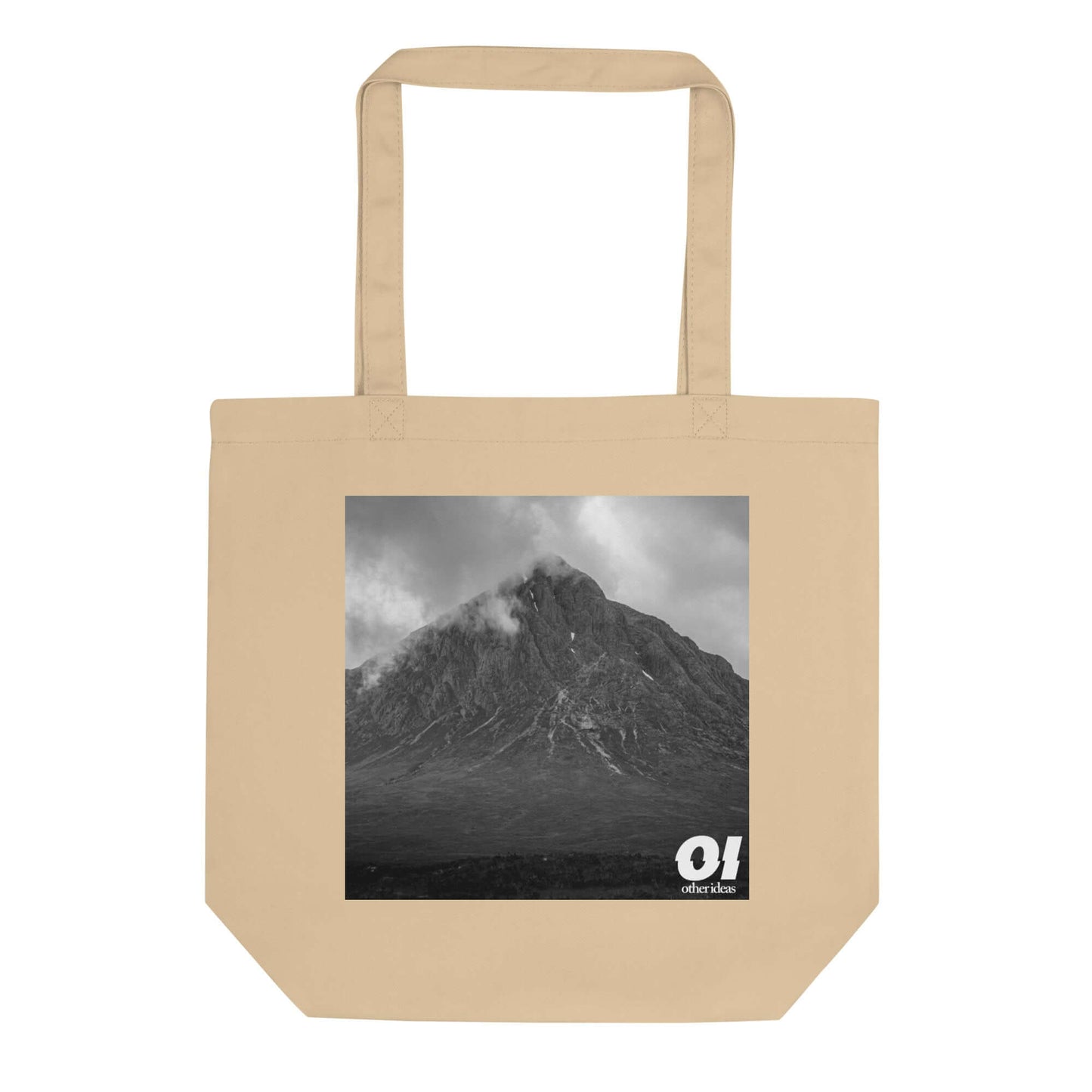 other ideas eco streetwear natural oyster organic cotton vegan tote bag with black and white atmospheric mountain photo print flat front view