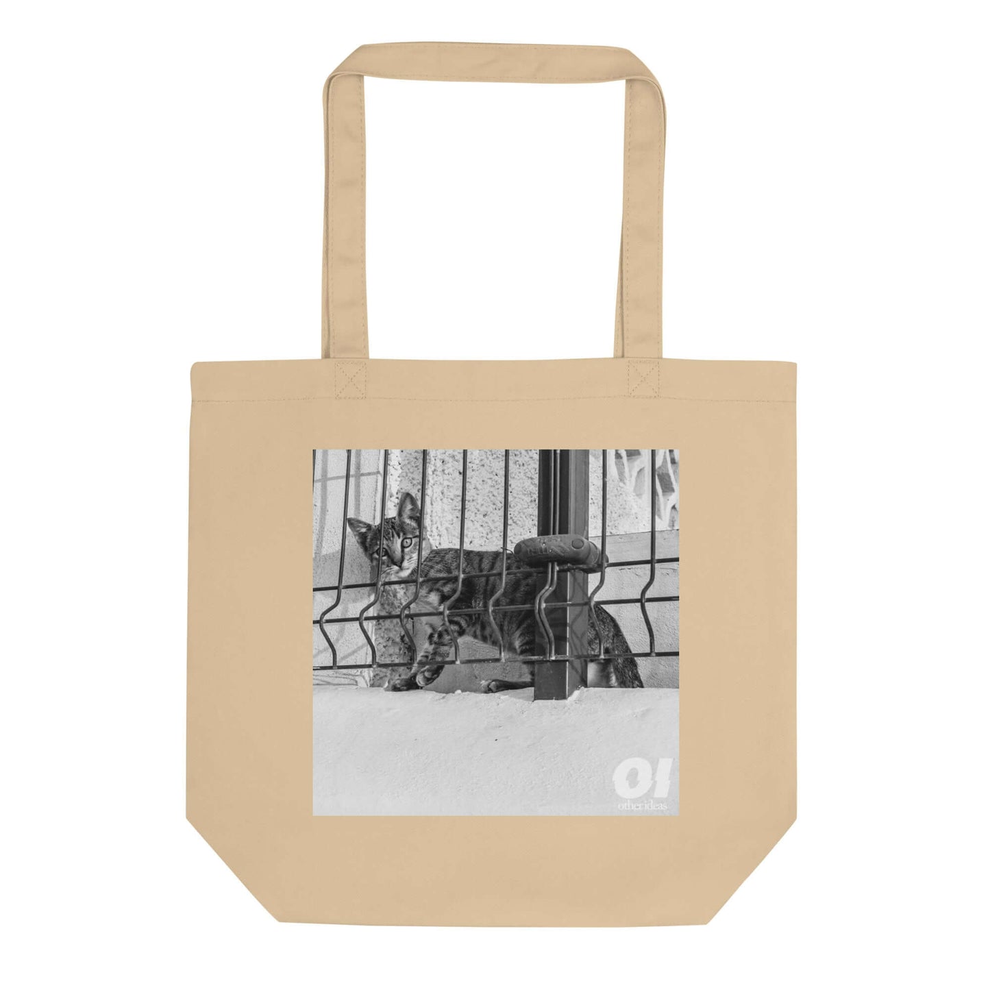 other ideas eco streetwear natural oyster organic cotton vegan tote bag with black and white nosey cat photo print flat front view