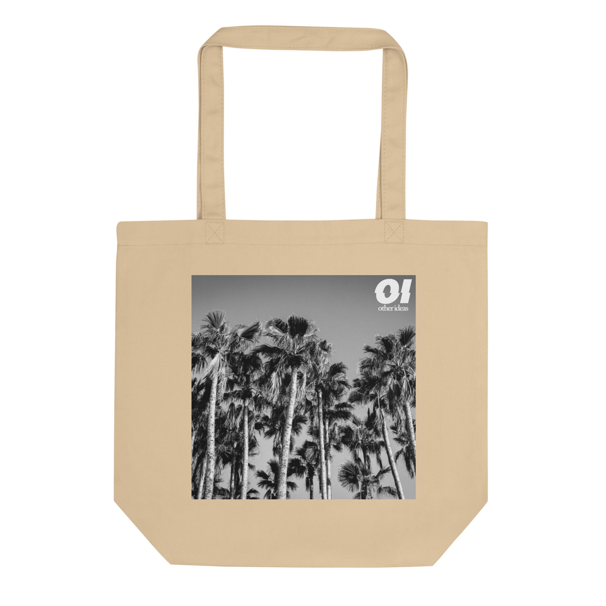 other ideas eco streetwear natural oyster organic cotton vegan tote bag with black and white palm trees photo print flat front view