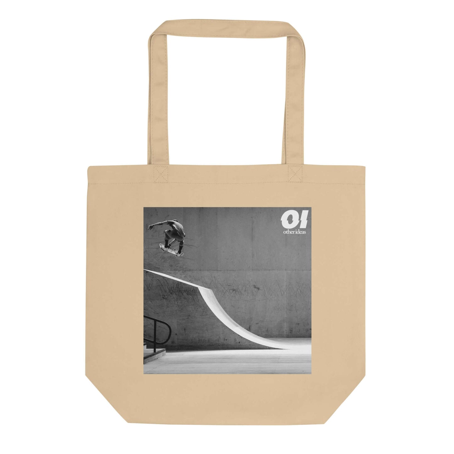 other ideas eco streetwear natural oyster organic cotton vegan tote bag with black and white skateboarding "Air" photo print flat front view