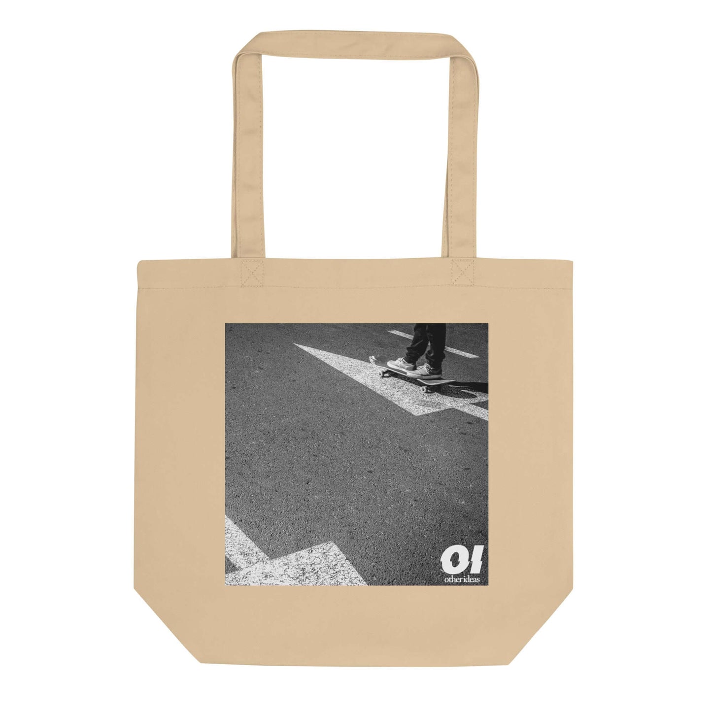 other ideas eco streetwear natural oyster organic cotton vegan tote bag with black and white skateboarding "Arrows" photo print flat front view