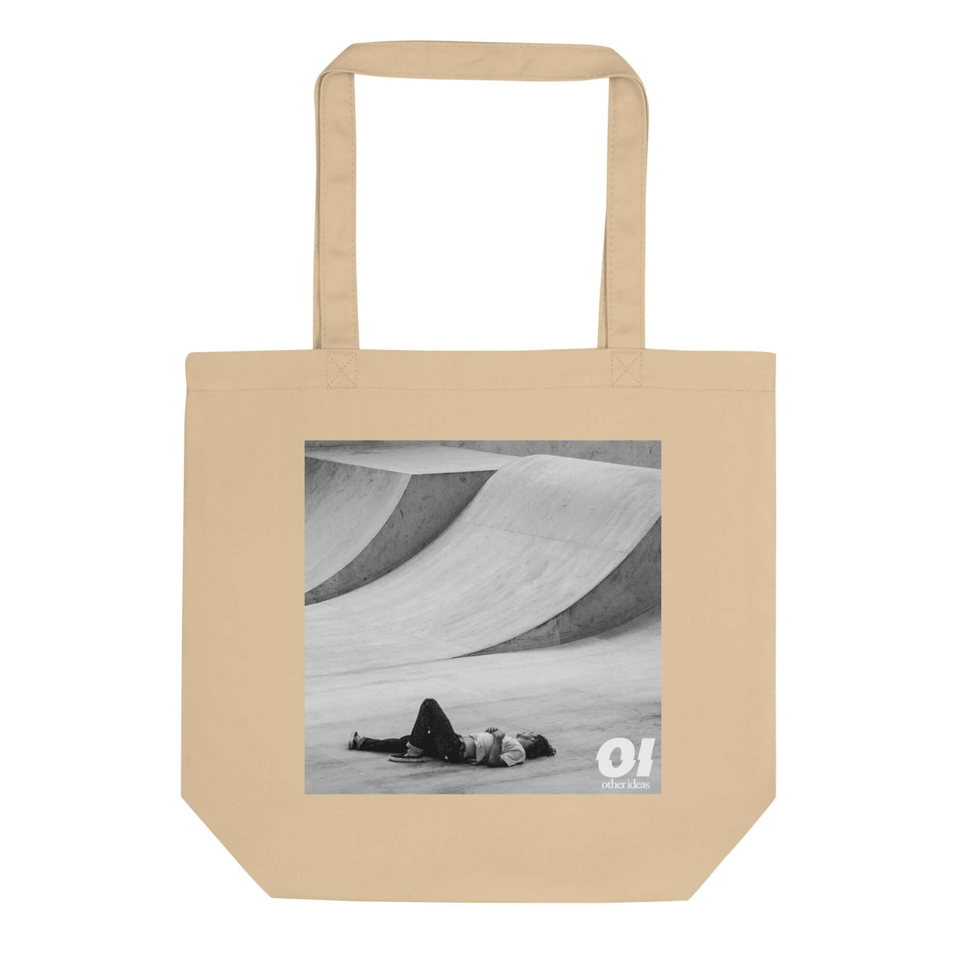 other ideas eco streetwear natural oyster organic cotton vegan tote bag with black and white skateboarding "Fall" photo print flat front view