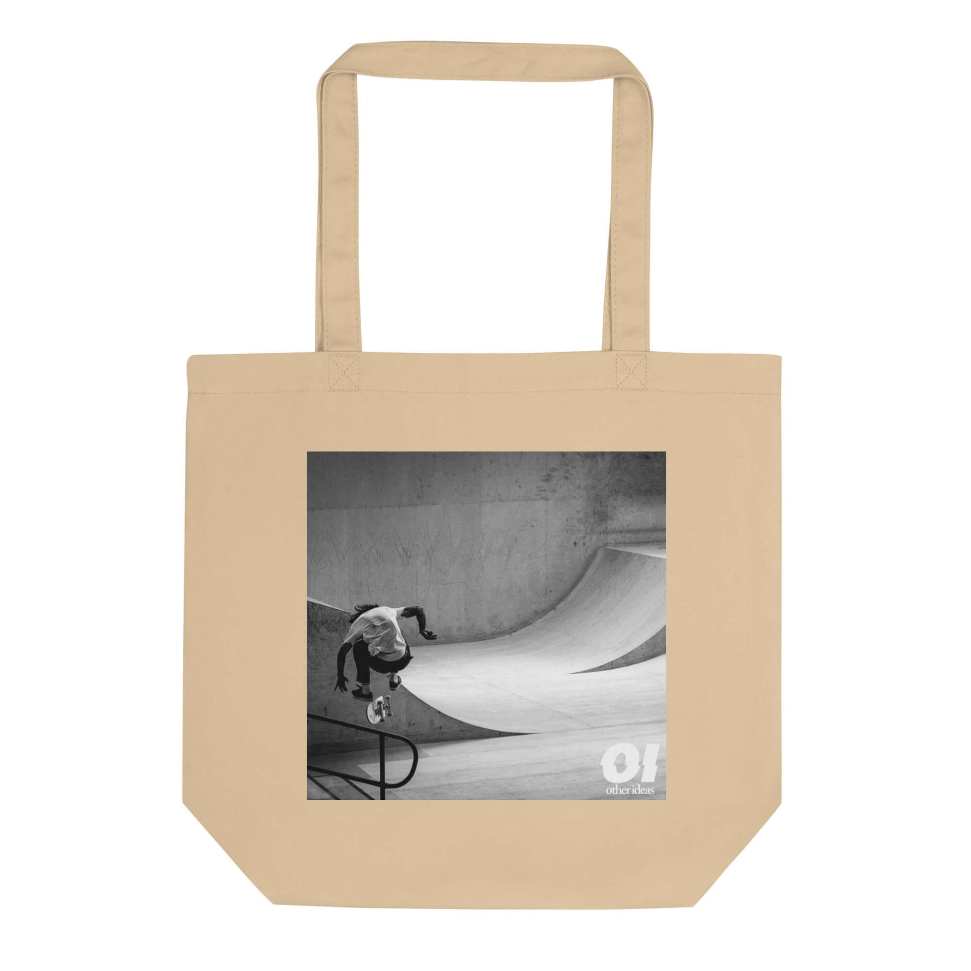 other ideas eco streetwear natural oyster  organic cotton vegan tote bag with black and white skateboarding "Jump" photo print flat front view