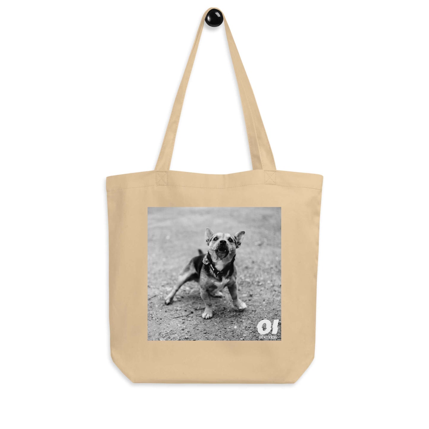 other ideas eco streetwear natural oyster organic cotton canvas streetstyle tote bag with black and white dog photo printed on hanger view