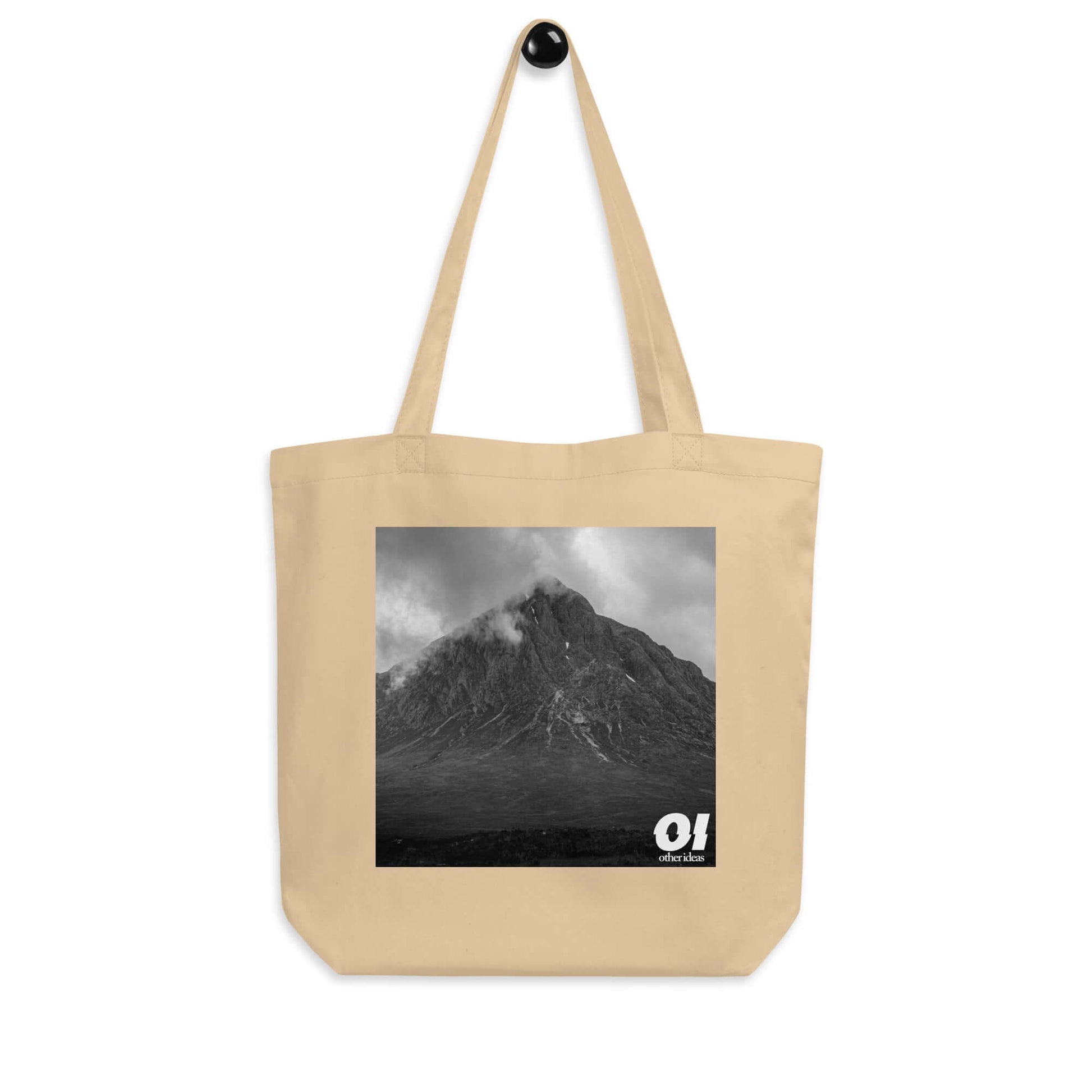 other ideas eco streetwear natural oyster organic cotton canvas streetstyle tote bag with black and white mountain photo printed on hanger view