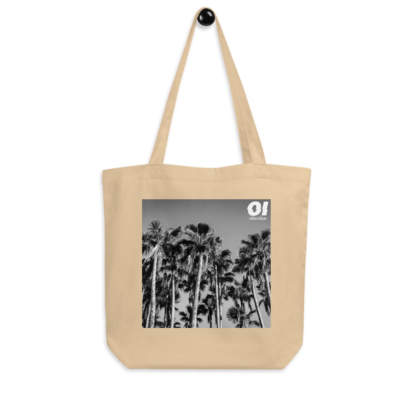 other ideas eco streetwear black organic cotton canvas streetstyle tote bag with black and white palm trees photo printed on hanger view