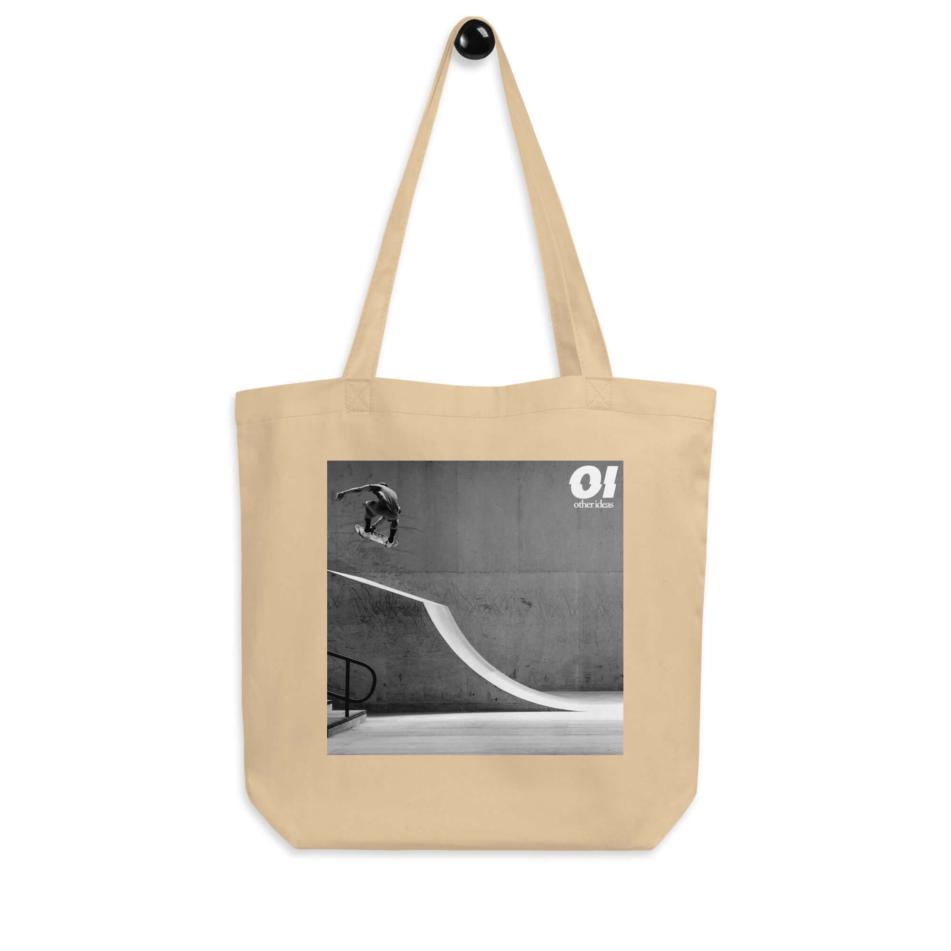 other ideas eco streetwear natural oyster organic cotton canvas streetstyle tote bag with black and white skateboarding "Air" photo printed on hanger view