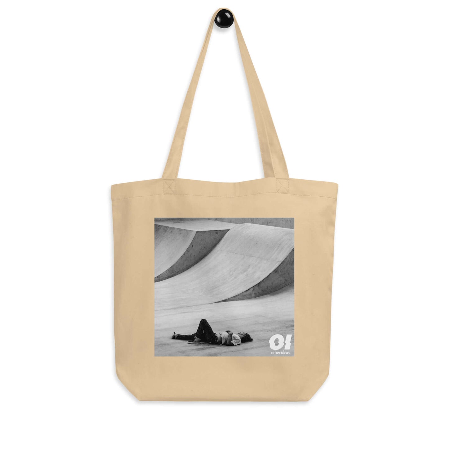 other ideas eco streetwear natural oyster organic cotton canvas streetstyle tote bag with black and white skateboarding "Fall" photo printed on hanger view