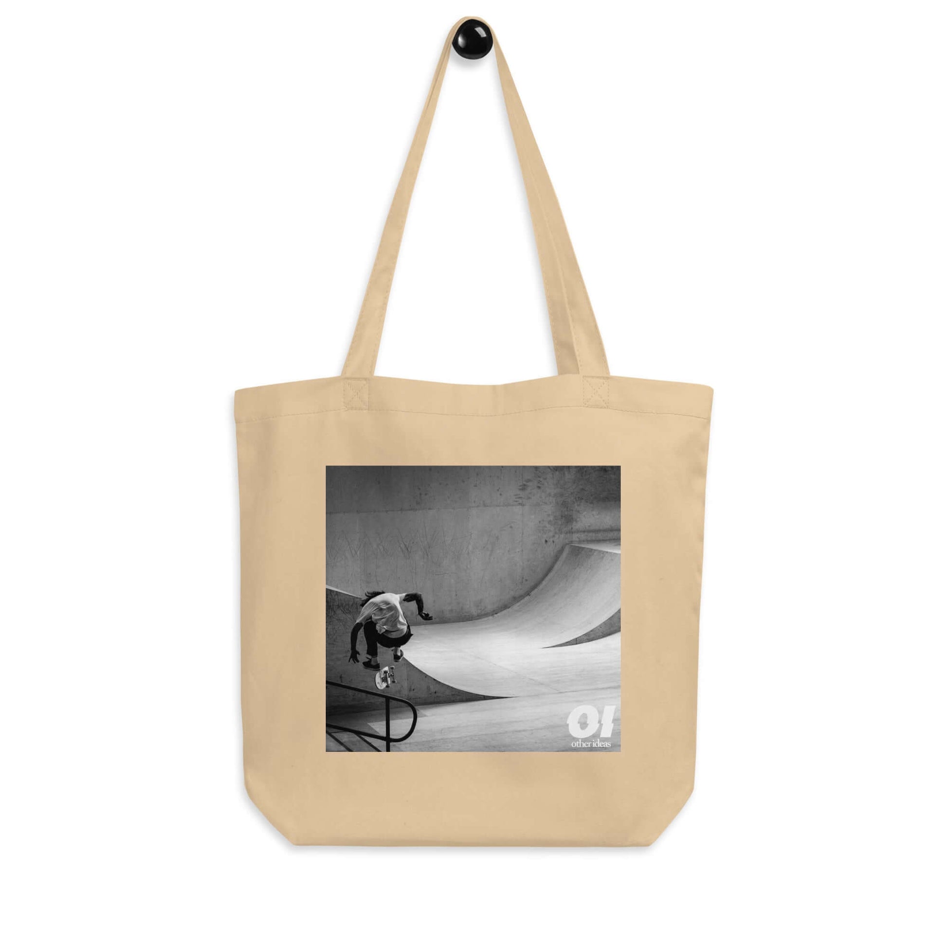 other ideas eco streetwear natural oyster organic cotton canvas streetstyle tote bag with black and white skateboarding "Jump" photo printed on hanger view