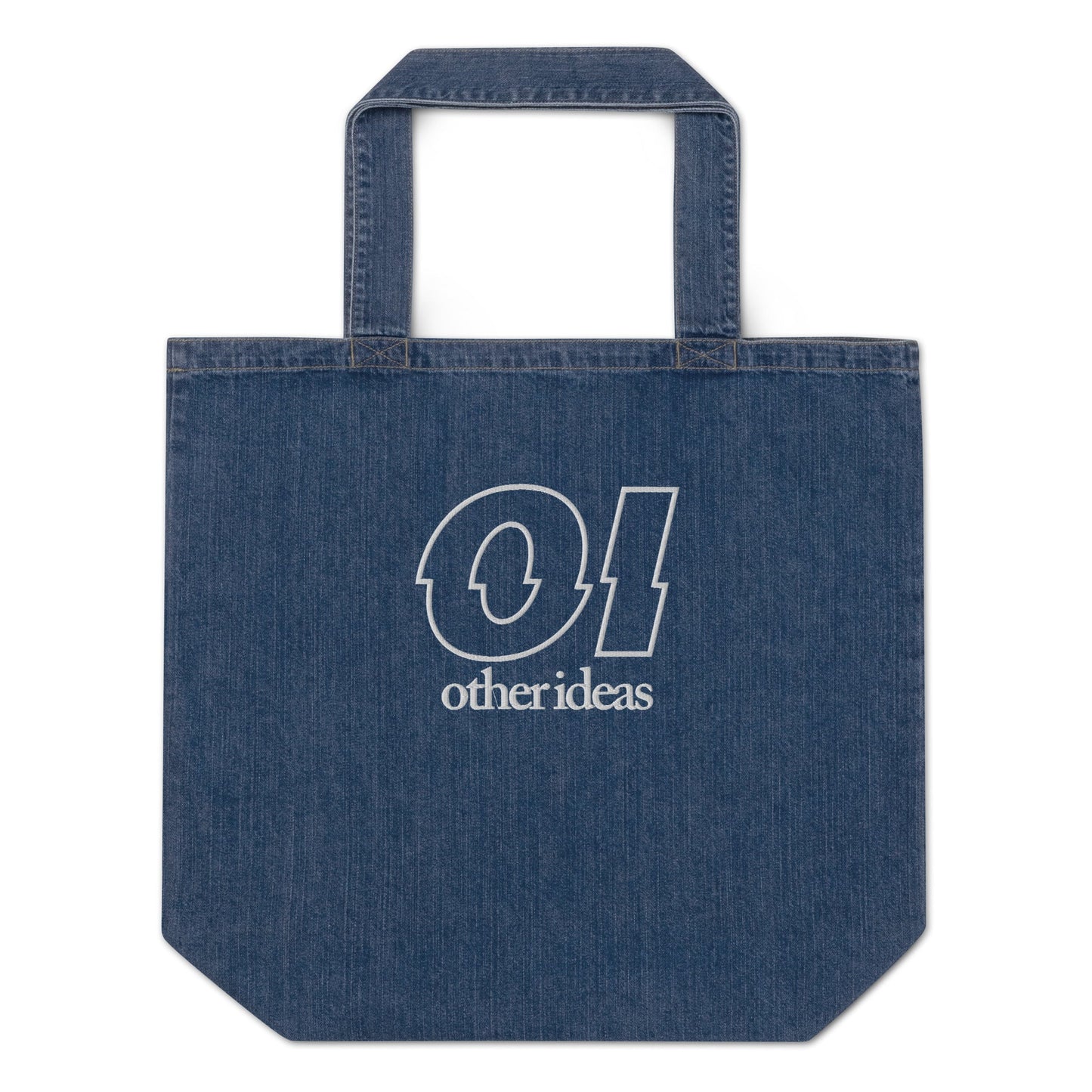 other ideas eco streetwear organic denim vegan logo embroidered large tote bag flat front view