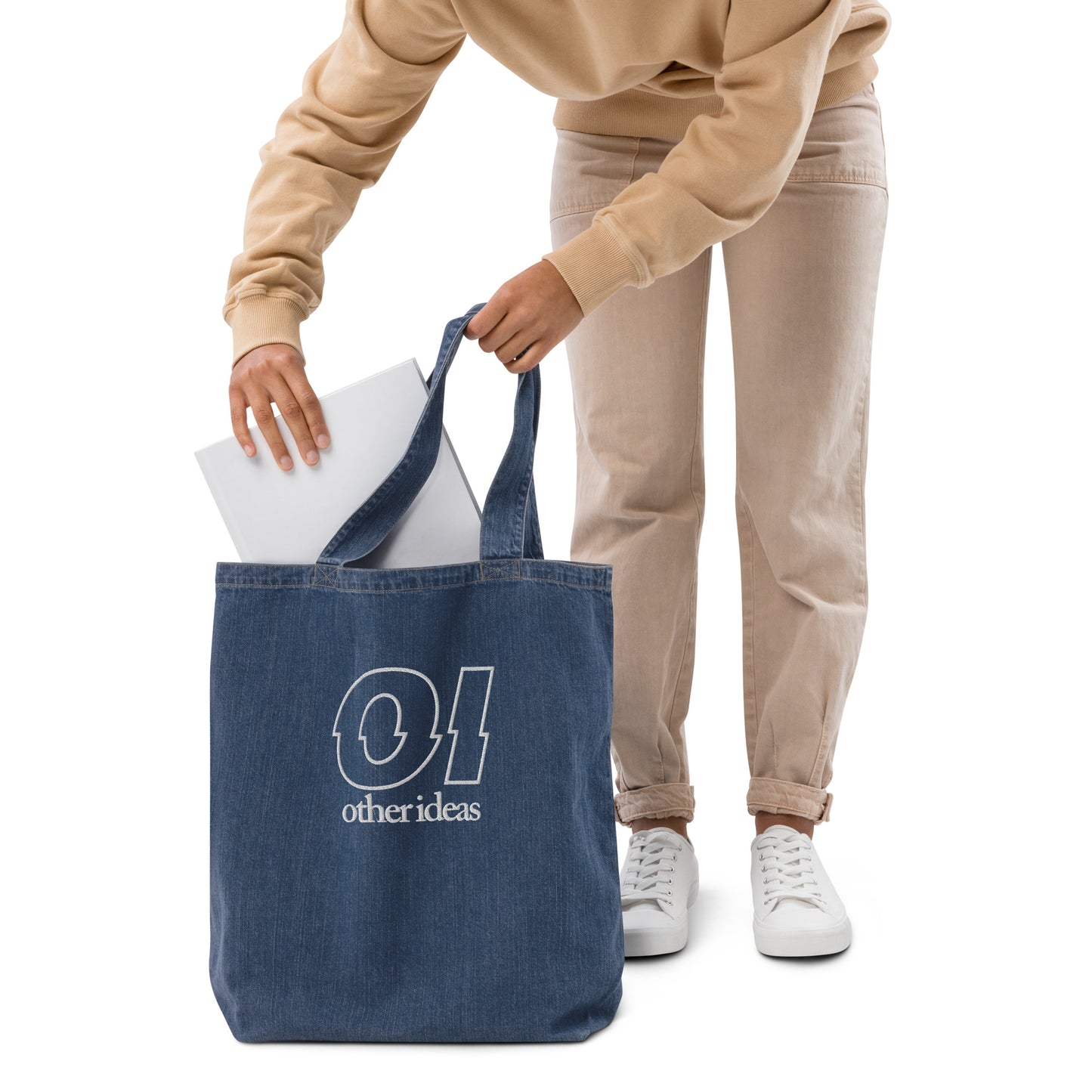 other ideas eco streetwear organic denim vegan logo embroidered large tote bag modelled in use viewpoint