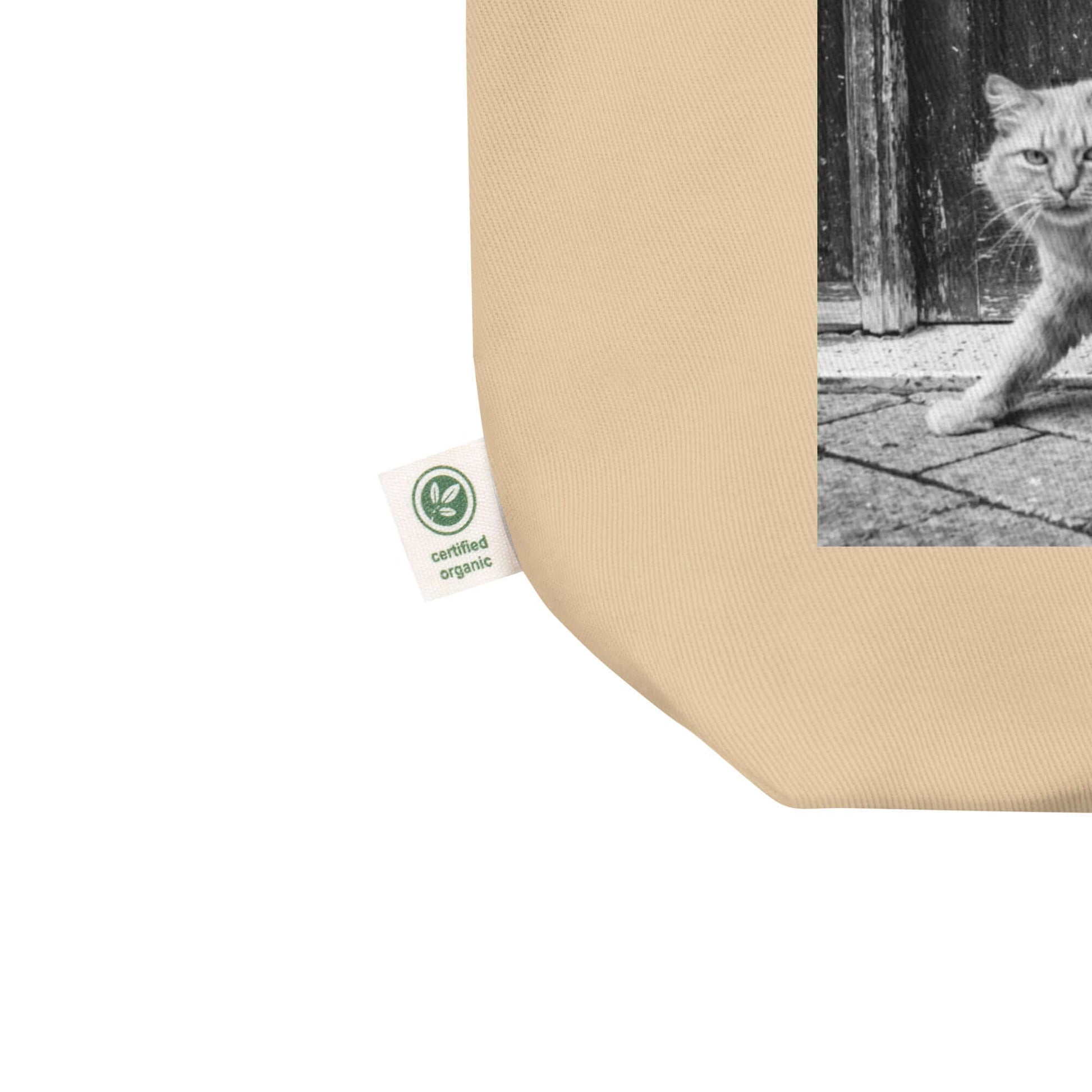 other ideas eco streetwear natural oyster organic cotton vegan tote bag with cat photo printed flat front view zoomed with organic label detail