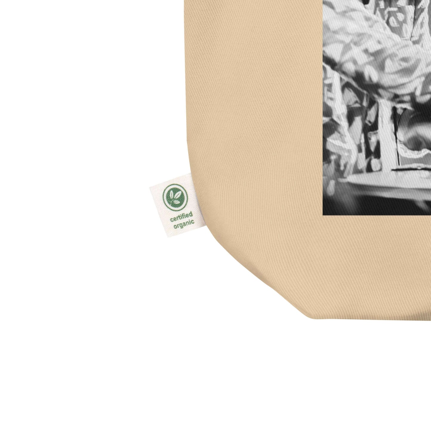 other ideas eco streetwear natural oyster organic cotton vegan tote bag with Dj Mark Ronson printed flat front view zoomed with organic label detail