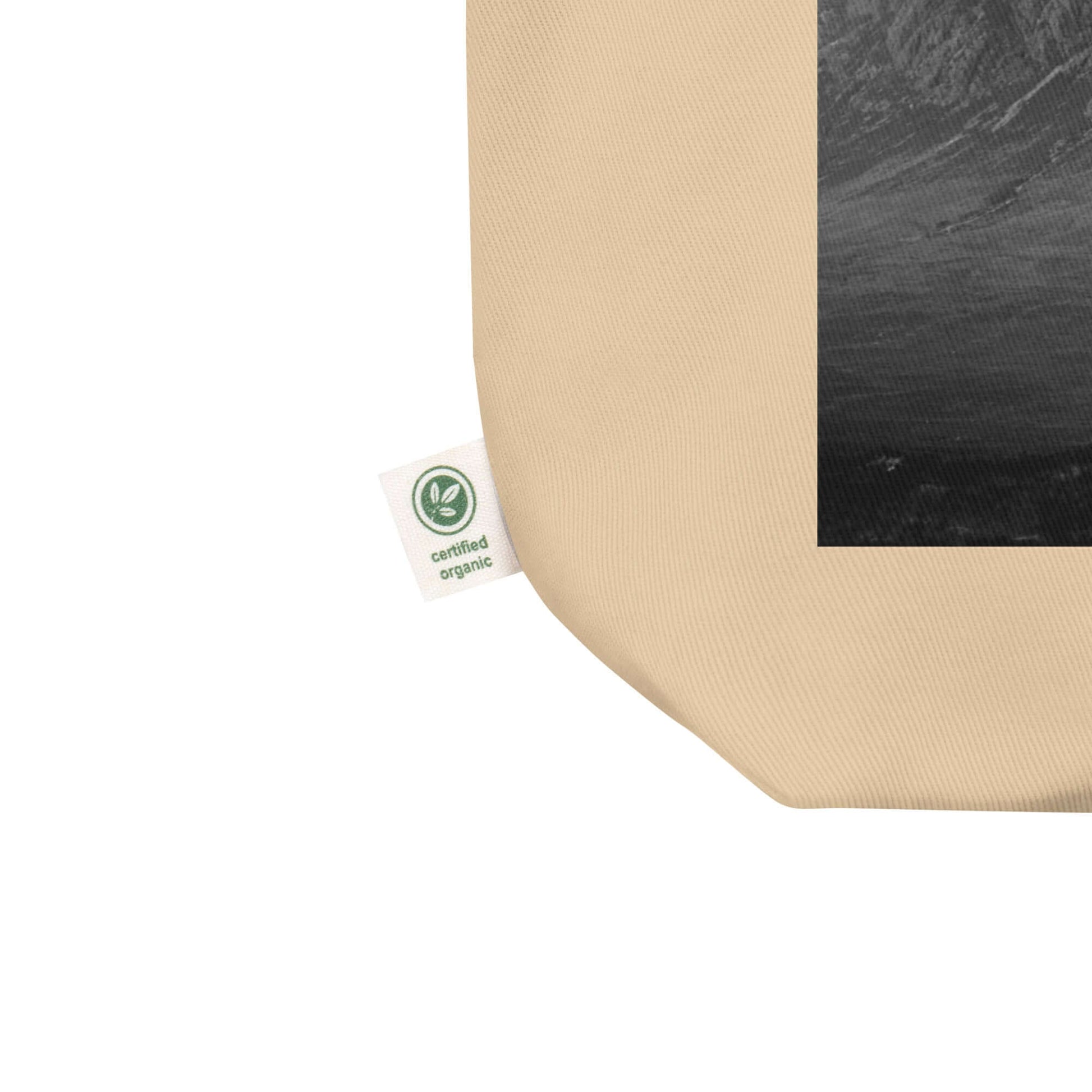 other ideas eco streetwear natural oyster organic cotton vegan tote bag with atmospheric mountain photo printed flat front view zoomed with organic label detail