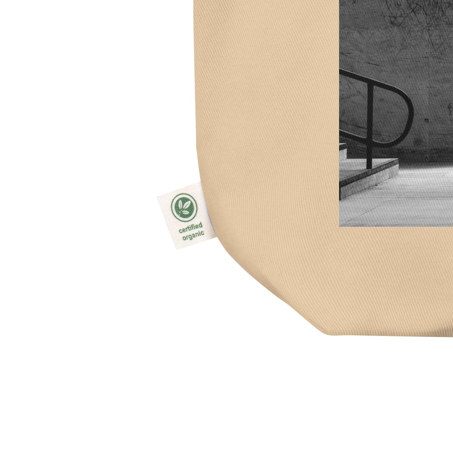 other ideas eco streetwear natural oyster organic cotton vegan tote bag with skateboarding air photo printed flat front view zoomed with organic label detail