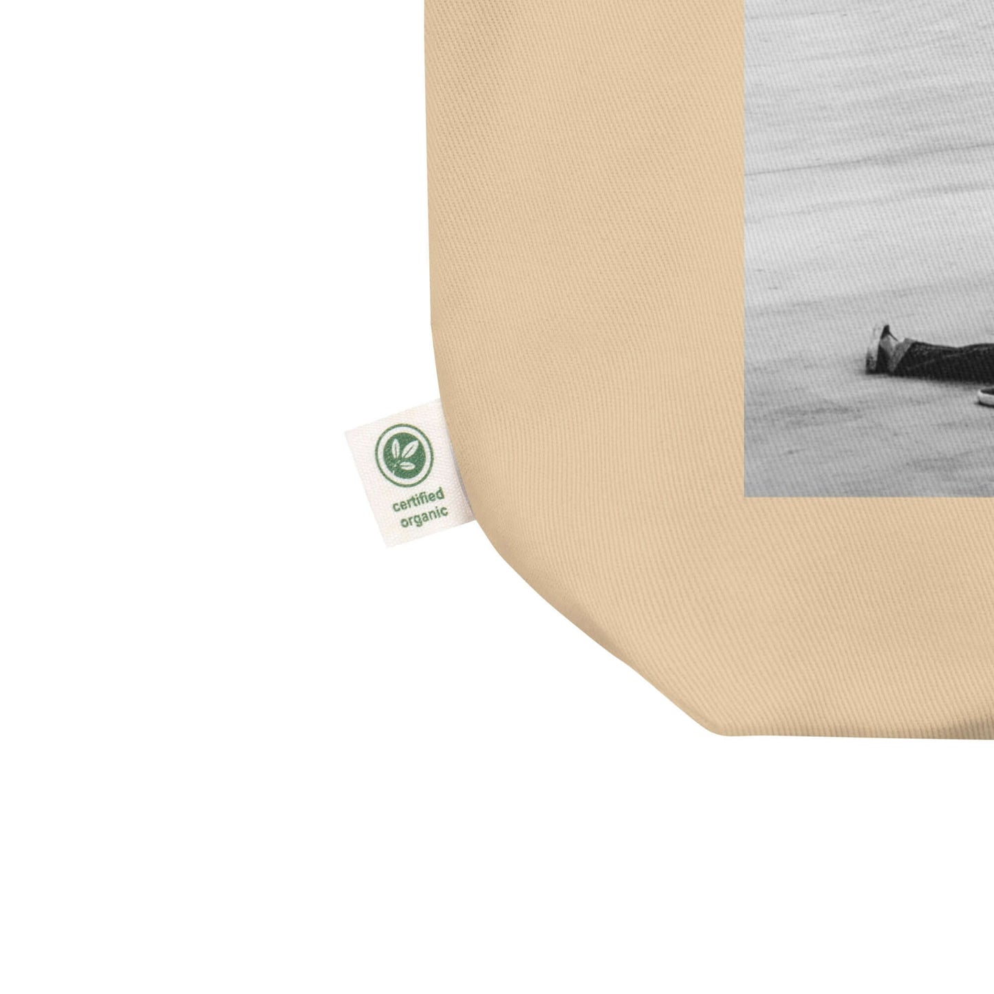 other ideas eco streetwear natural oyster organic cotton vegan tote bag with black and white skateboarding "Fall" photo print flat front view showing organic label and photo detail