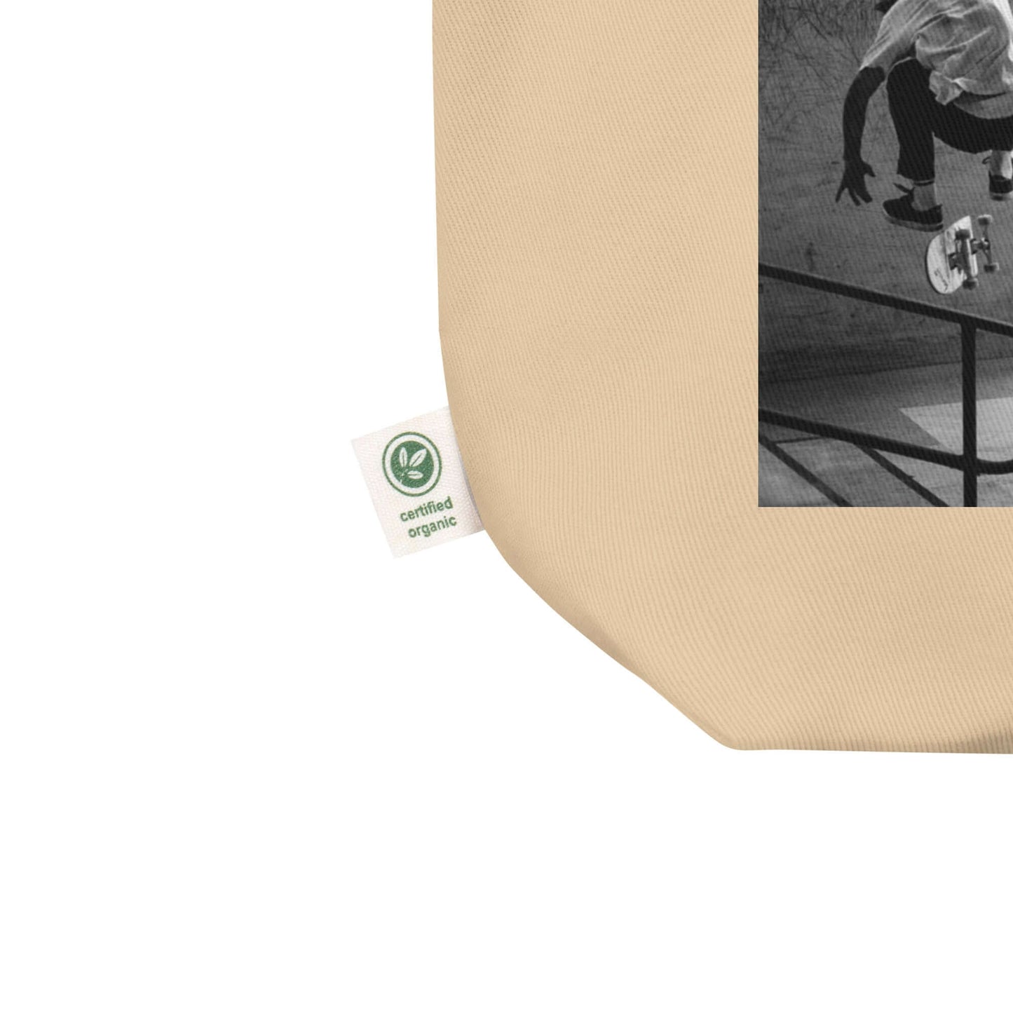 other ideas eco streetwear natural oyster organic cotton vegan tote bag with skateboarding jump photo printed flat front view zoomed with organic label detail