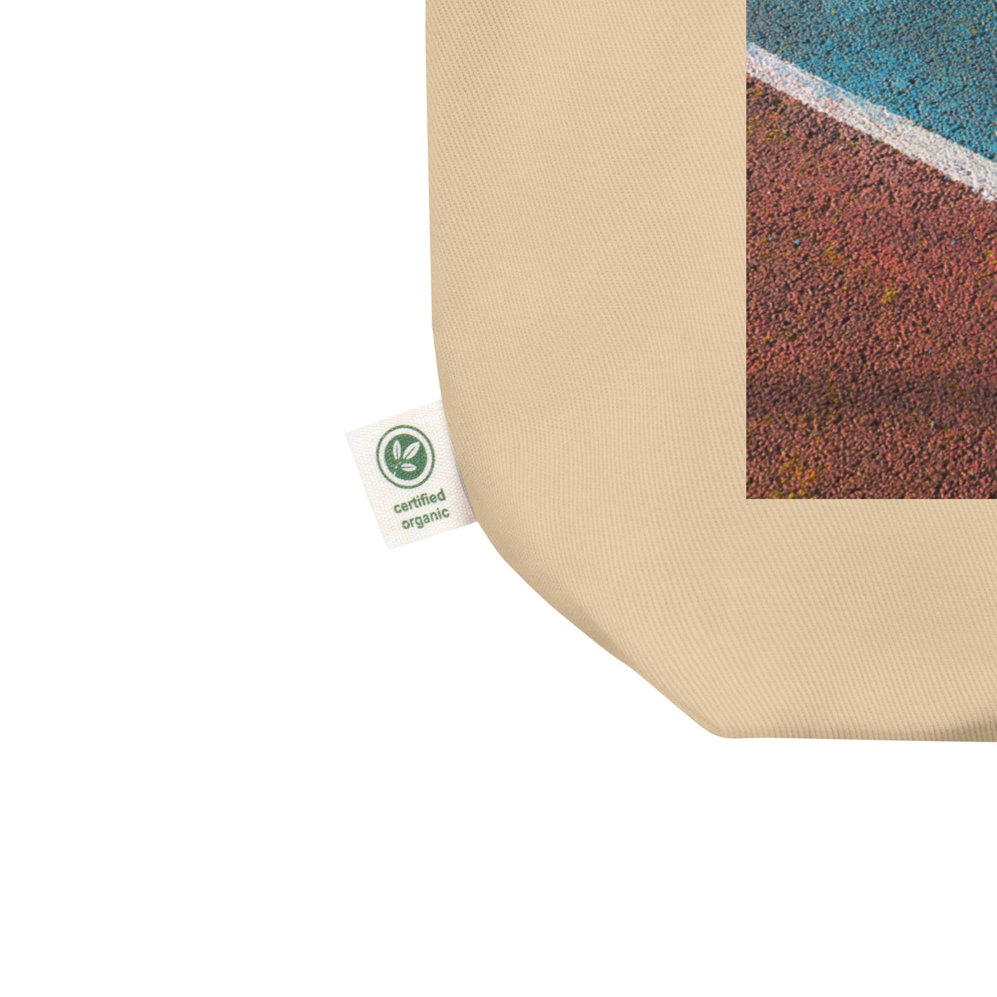 other ideas eco streetwear natural oyster organic cotton vegan tote bag with colour tennis court photo printed flat front view zoomed with organic label detail