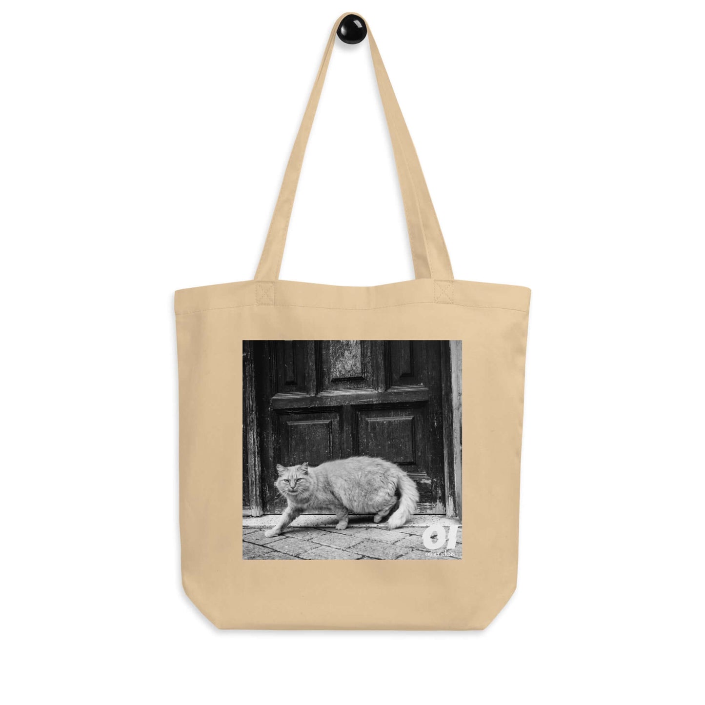 other ideas eco streetwear natural oyster organic cotton canvas streetstyle tote bag with black and white cat photo printed on hanger view