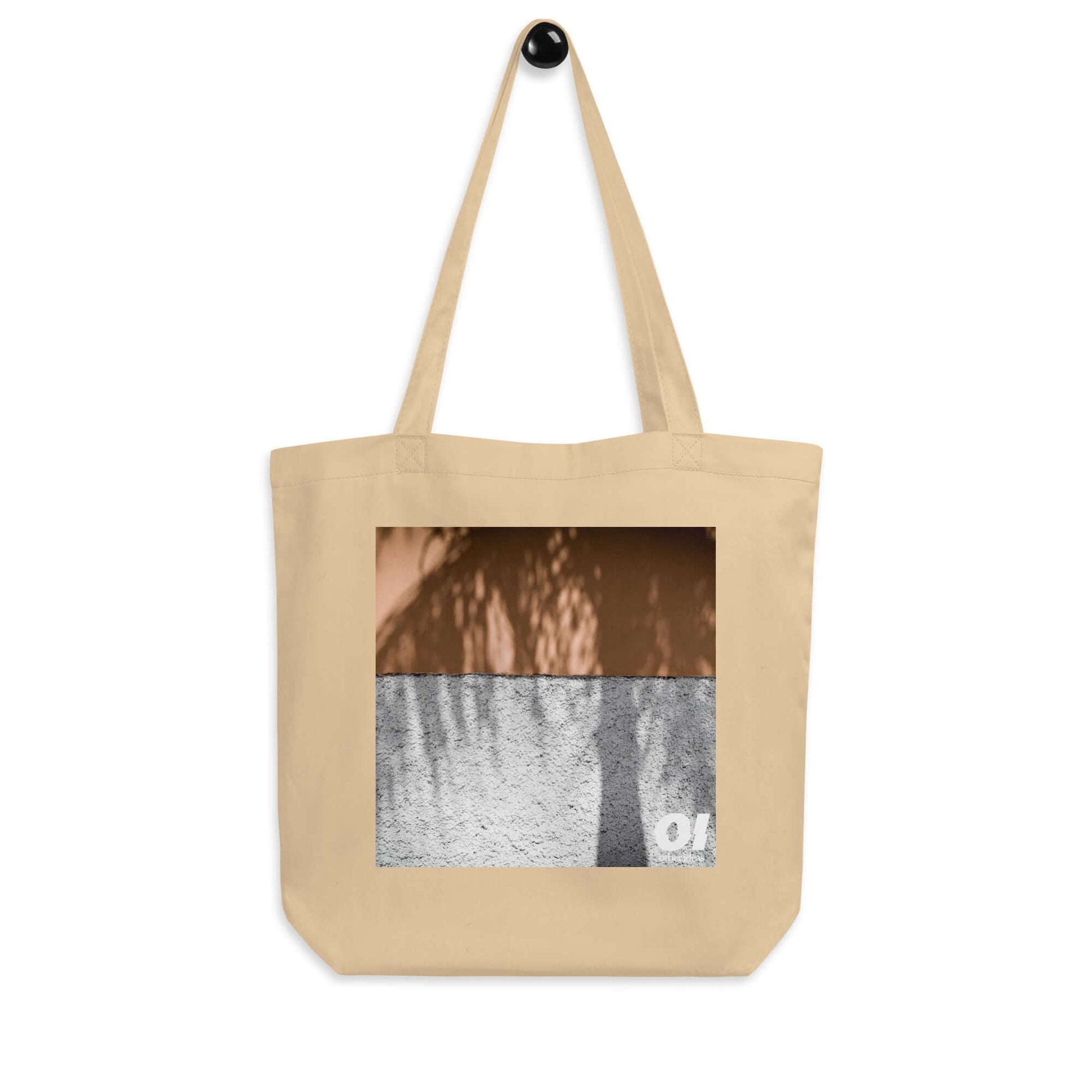 other ideas eco streetwear natural oyster organic cotton canvas streetstyle tote bag with colour palm shadow photo printed on hanger view