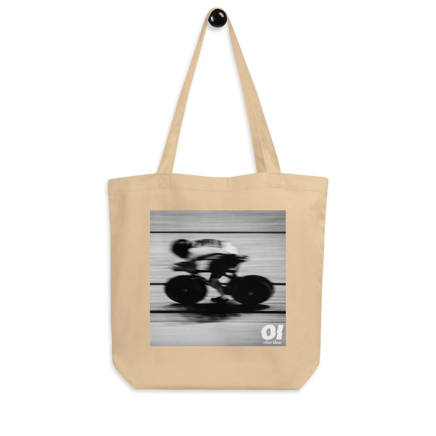 other ideas eco streetwear natural oyster organic cotton canvas streetstyle tote bag with black and white cycling speed photo printed on hanger view