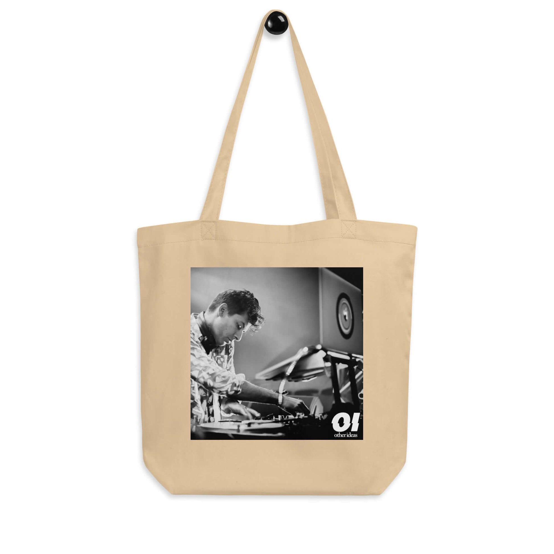 other ideas eco streetwear natural oyster organic cotton canvas streetstyle tote bag with black and white Dj Mark Ronson photo printed on hanger view