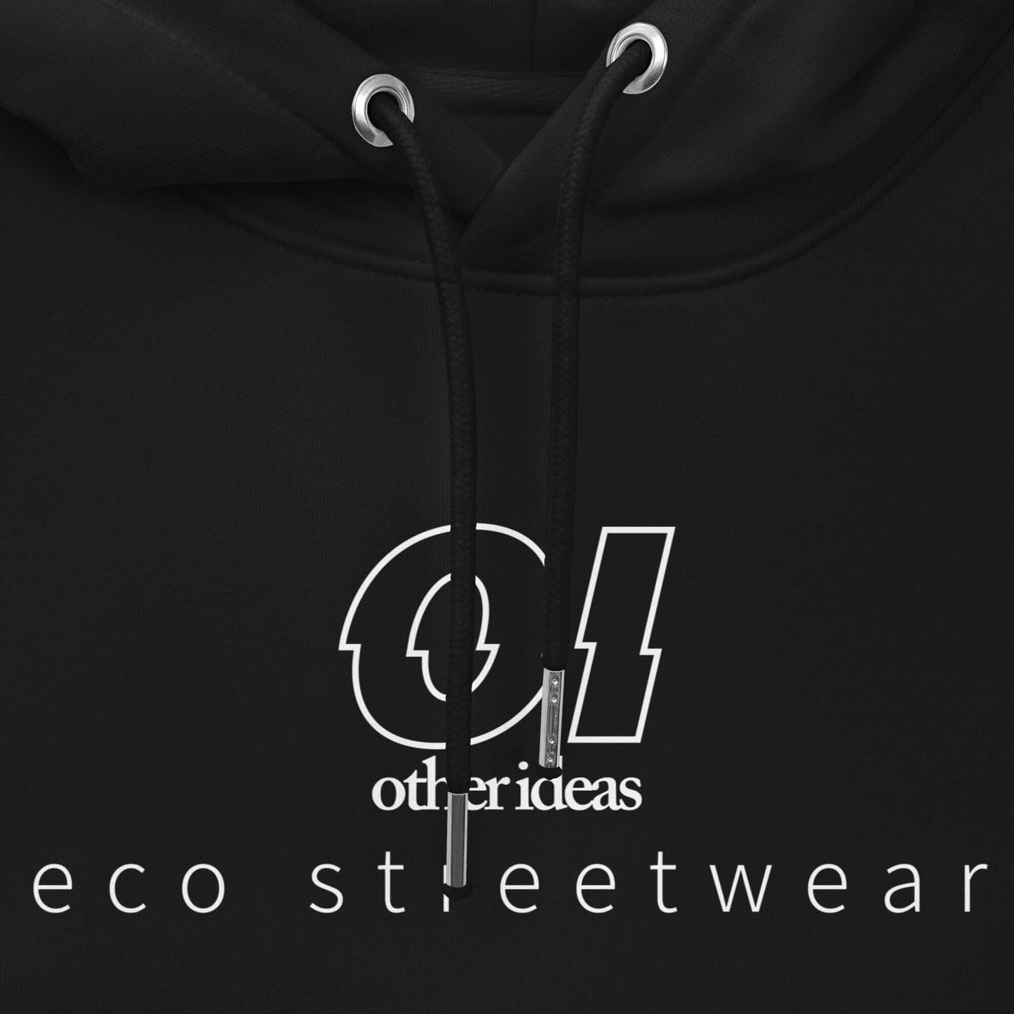 other ideas eco streetwear ethical clothing men's black sweatshirt hoodie logo printed organic cotton blend jersey sustainable slow fashion flat front view showing drawstring and print detail