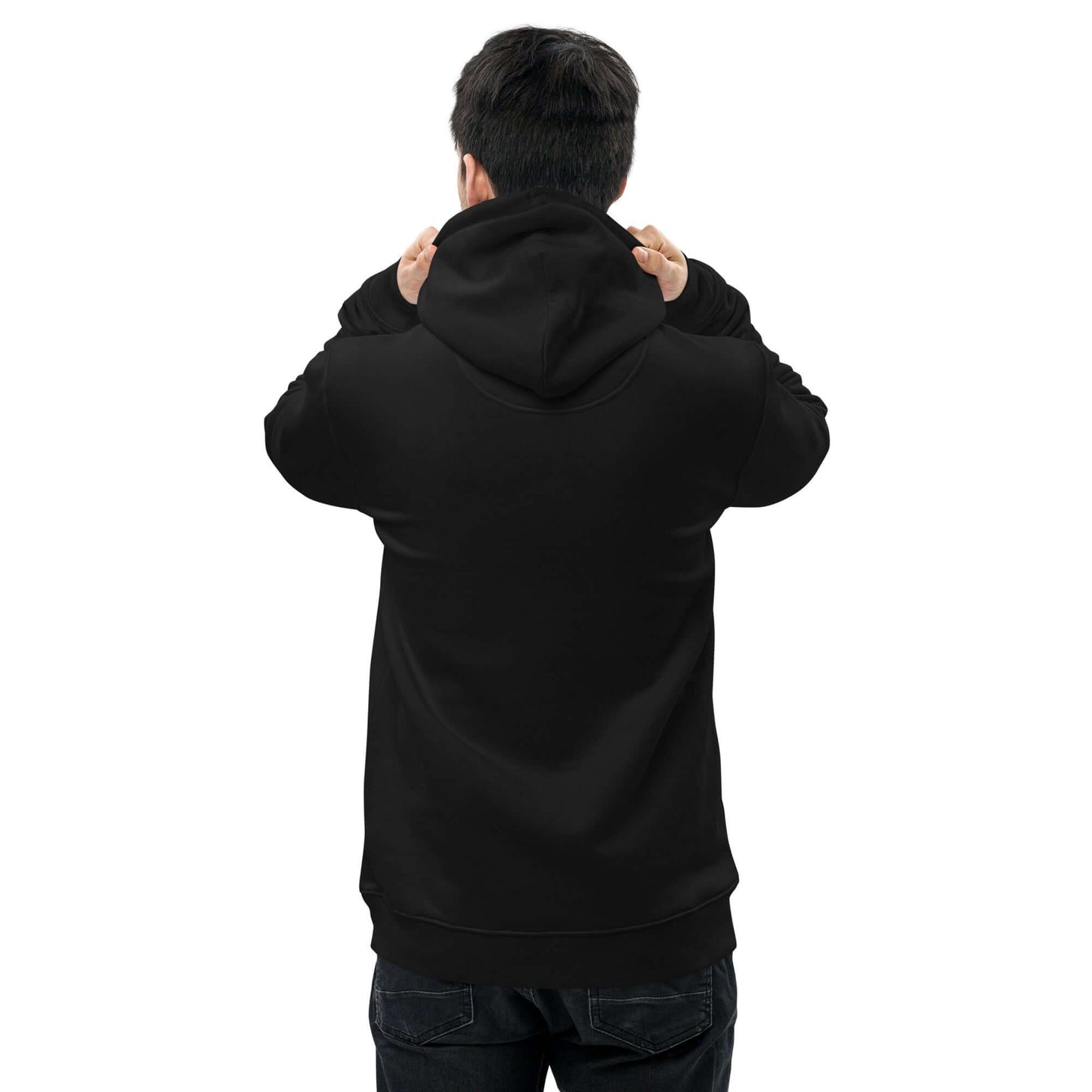 other ideas eco streetwear ethical clothing men's black sweatshirt hoodie logo printed organic cotton blend jersey sustainable slow fashion modelled back view