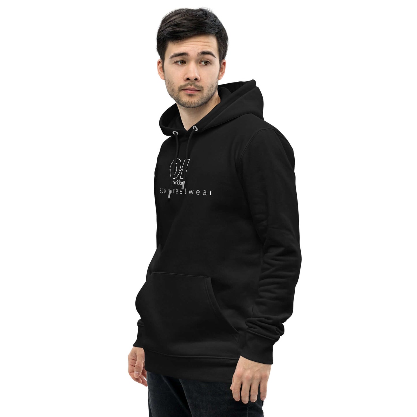 other ideas eco streetwear ethical clothing men's black sweatshirt hoodie logo printed organic cotton blend jersey sustainable slow fashion modelled front view