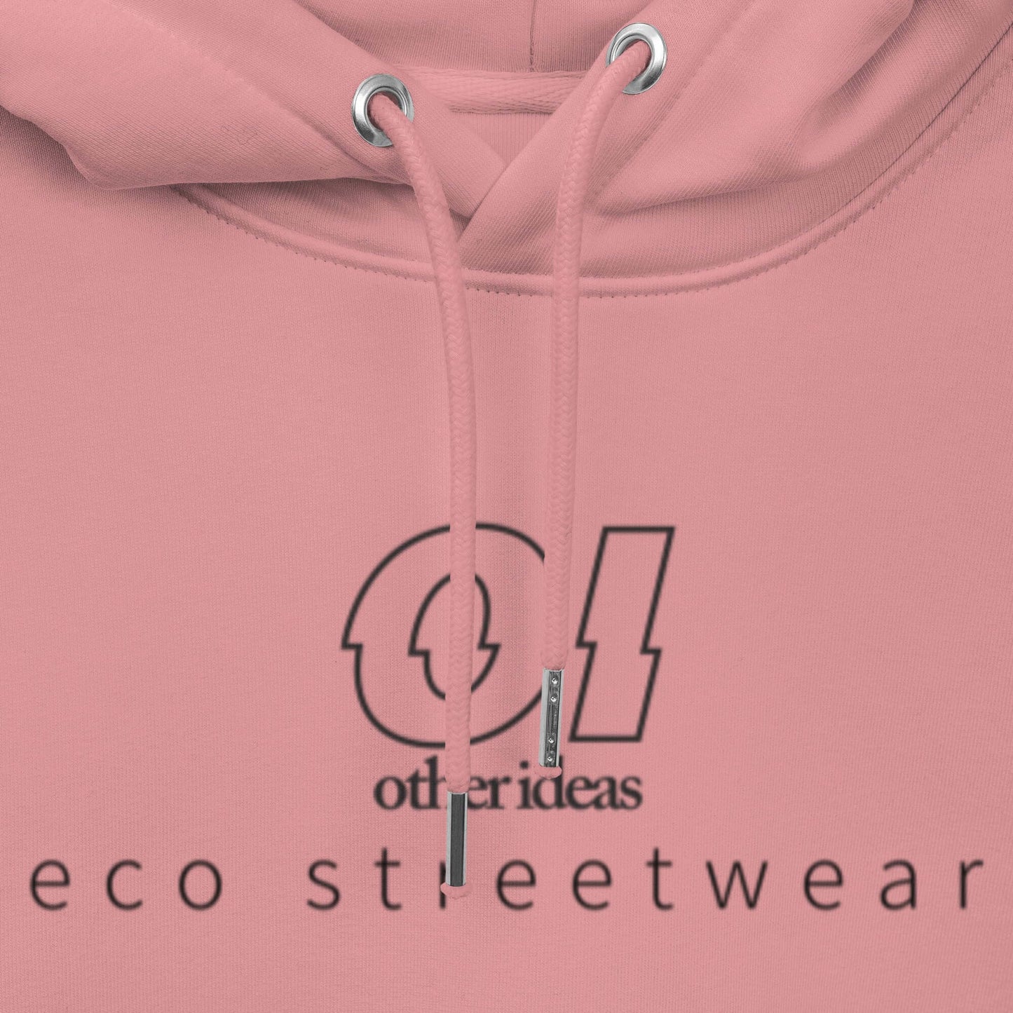 other ideas eco streetwear ethical clothing men's canyon pink sweatshirt hoodie logo printed organic cotton blend jersey sustainable slow fashion flat front view showing drawstring and print detail