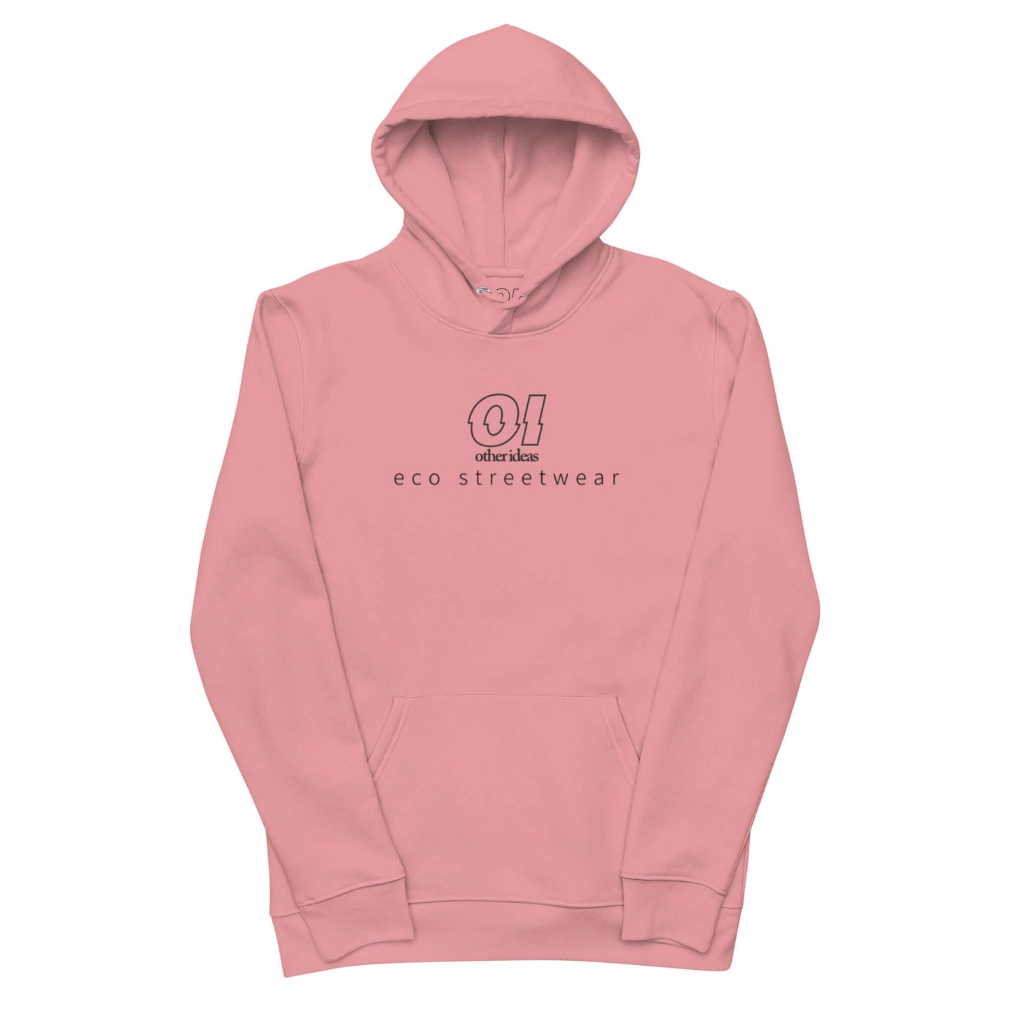 other ideas eco streetwear ethical clothing men's canyon pink sweatshirt hoodie logo printed organic cotton blend jersey sustainable slow fashion flat front view