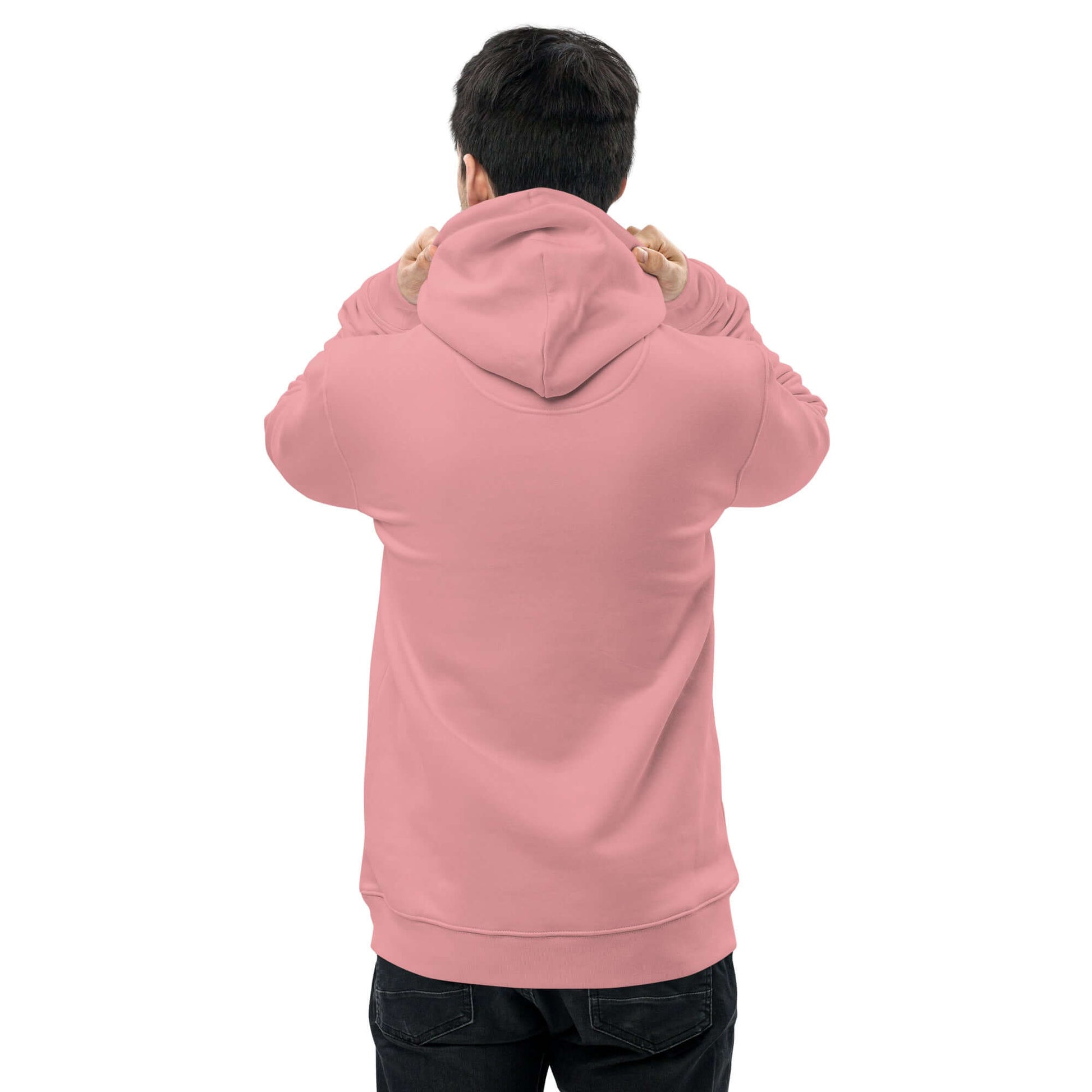 other ideas eco streetwear ethical clothing men's canyon pink sweatshirt hoodie logo printed organic cotton blend jersey sustainable slow fashion modelled back view