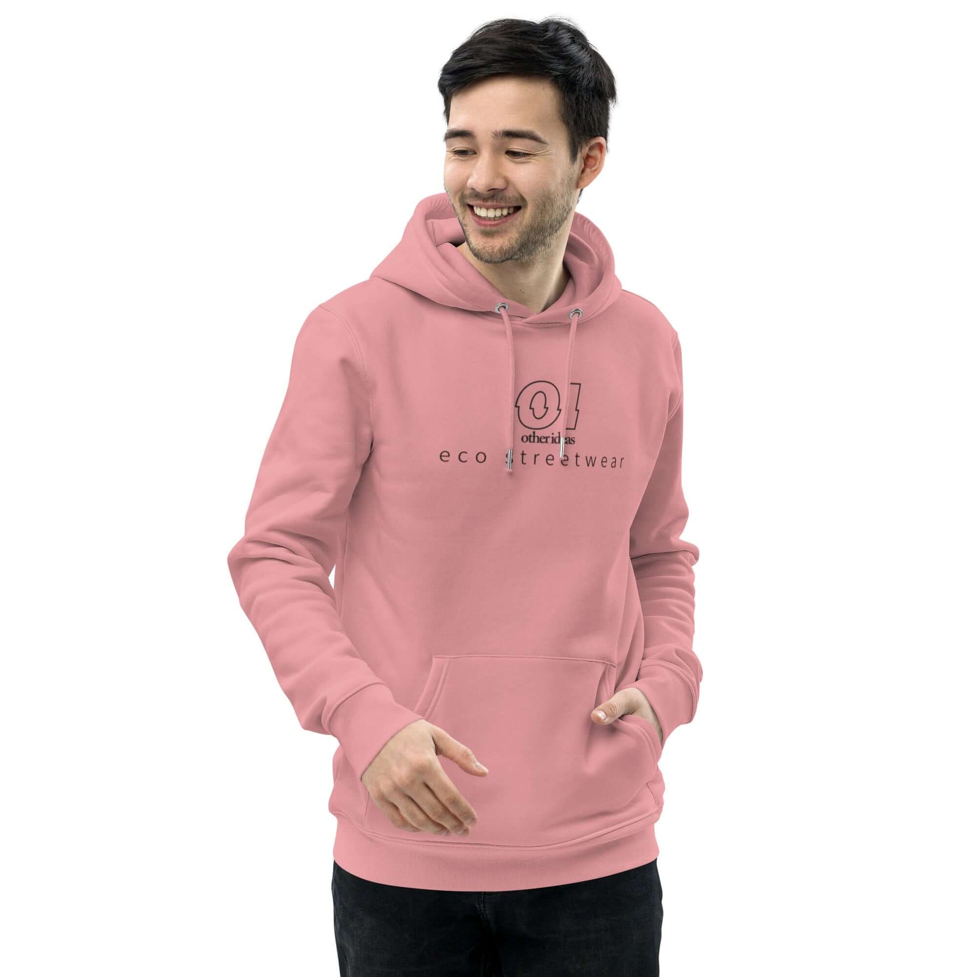 other ideas eco streetwear ethical clothing men's canyon pink sweatshirt hoodie logo printed organic cotton blend jersey sustainable slow fashion modelled front view