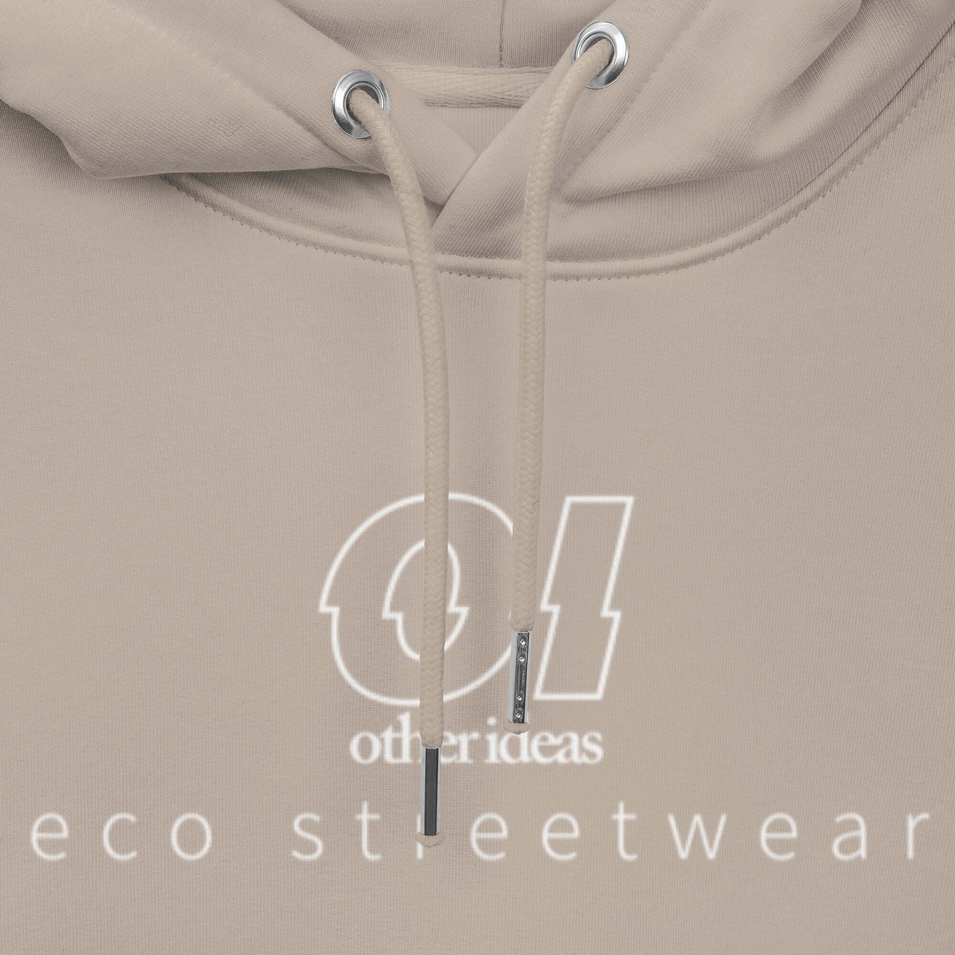 other ideas eco streetwear ethical clothing men's mojave sand sweatshirt hoodie logo printed organic cotton blend jersey sustainable slow fashion flat front view showing drawstring and print detail