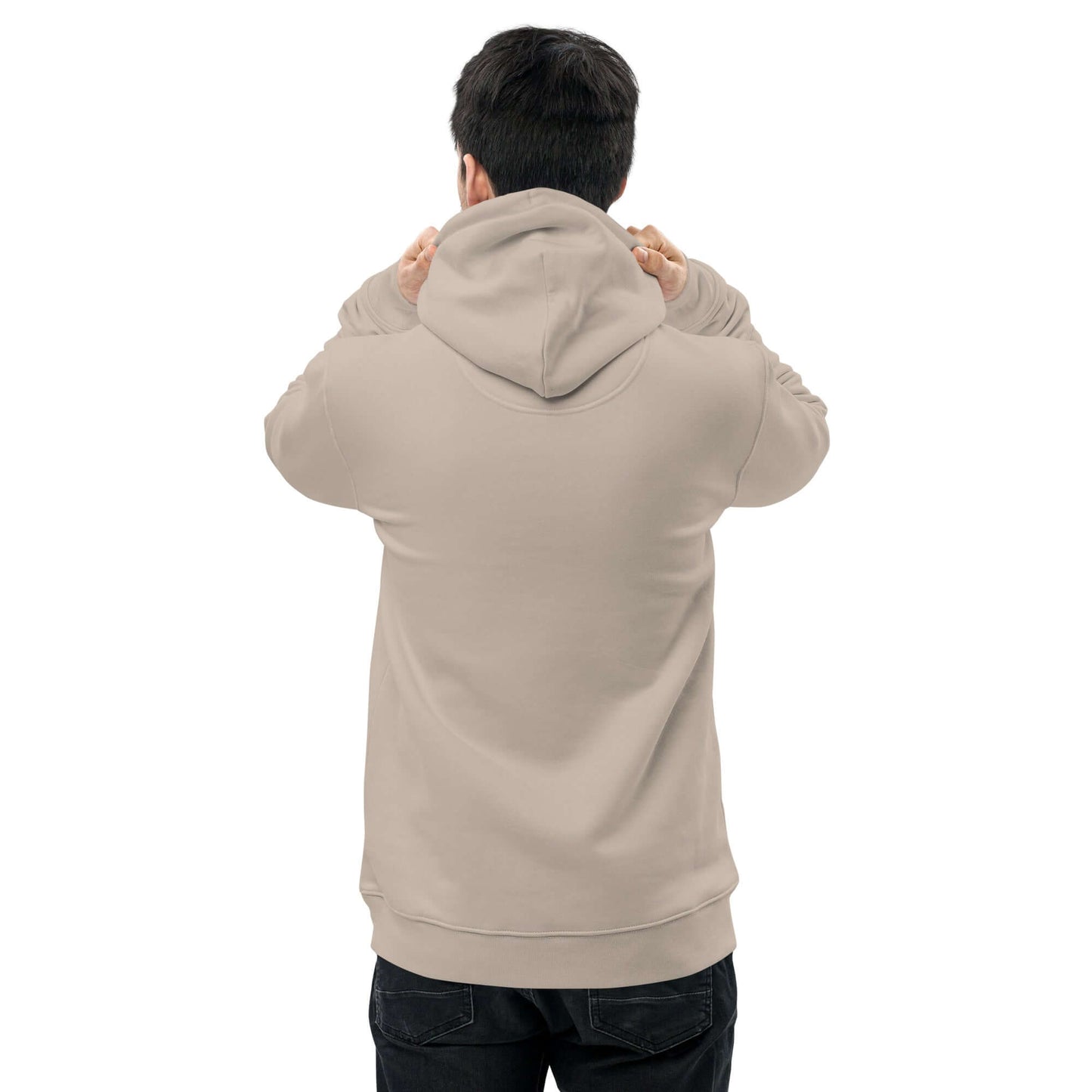 other ideas eco streetwear ethical clothing men's mojave sand sweatshirt hoodie logo printed organic cotton blend jersey sustainable slow fashion modelled back view