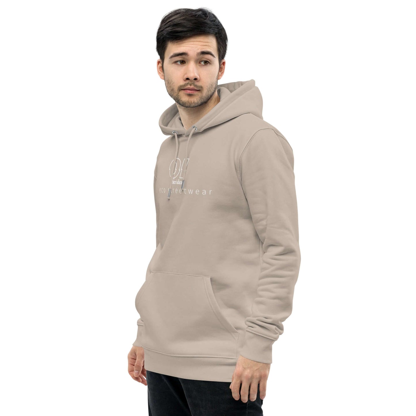 other ideas eco streetwear ethical clothing men's mojave sand sweatshirt hoodie logo printed organic cotton blend jersey sustainable slow fashion modelled front view