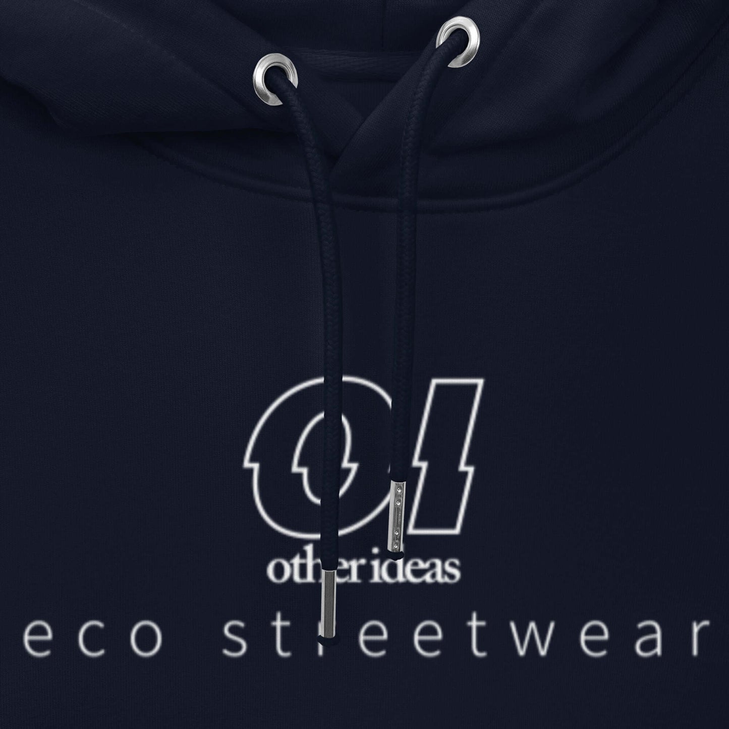 other ideas eco streetwear ethical clothing men's french navy blue sweatshirt hoodie logo printed organic cotton blend jersey sustainable slow fashion flat front view showing drawstring detail