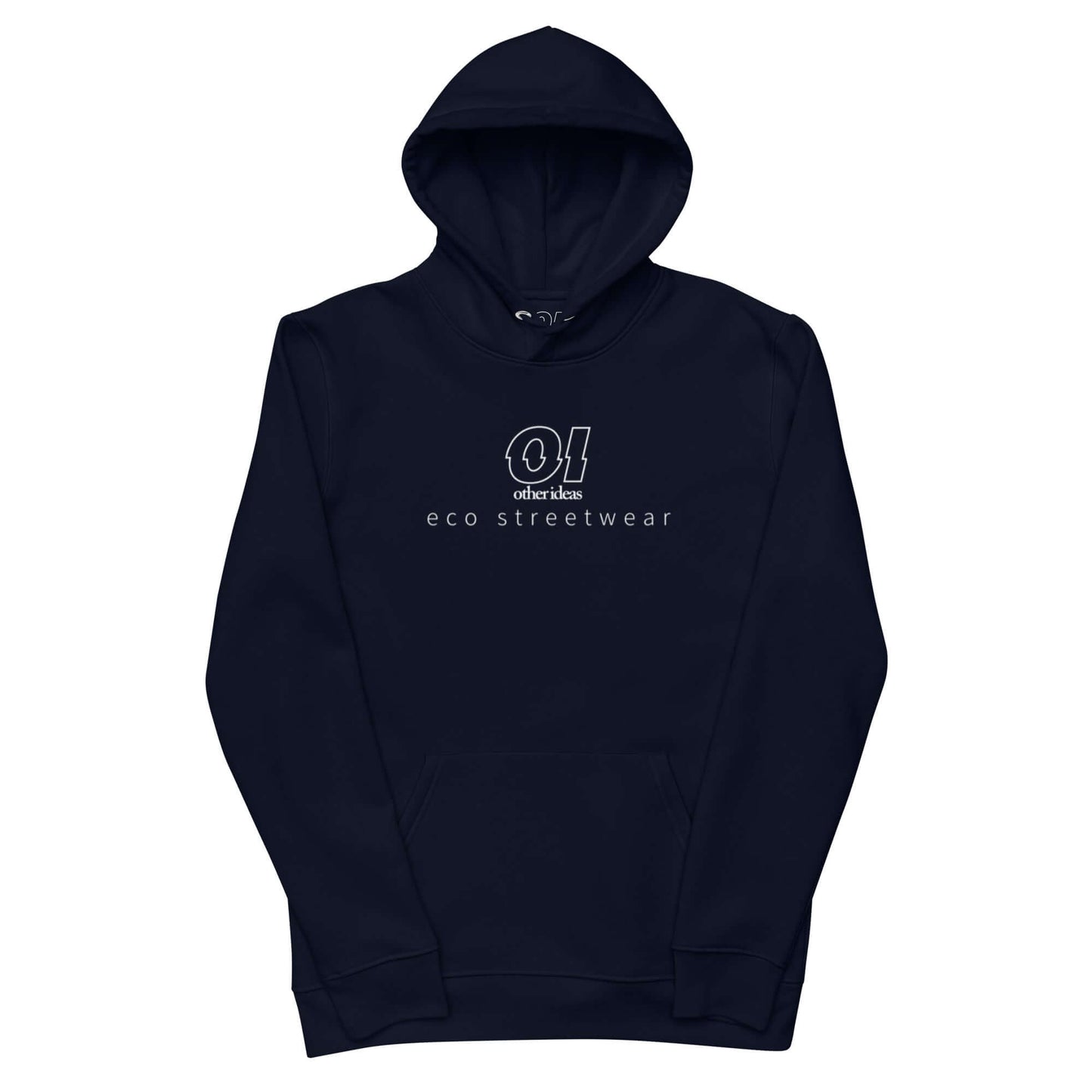 other ideas eco streetwear ethical clothing men's french navy blue sweatshirt hoodie logo printed organic cotton blend jersey sustainable slow fashion flat front view