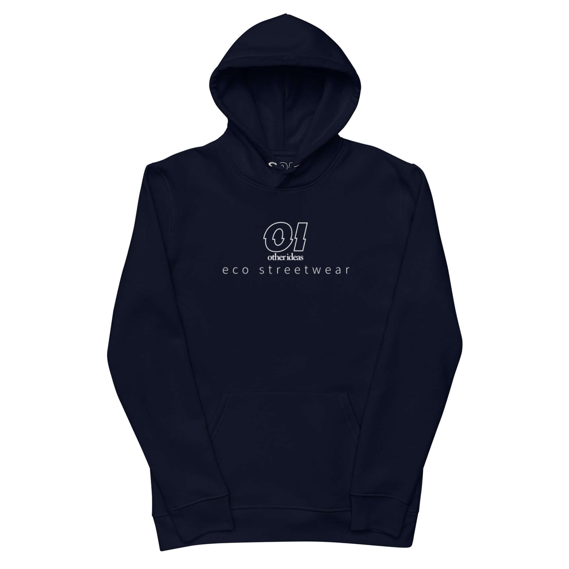 other ideas eco streetwear ethical clothing men's french navy blue sweatshirt hoodie logo printed organic cotton blend jersey sustainable slow fashion flat front view