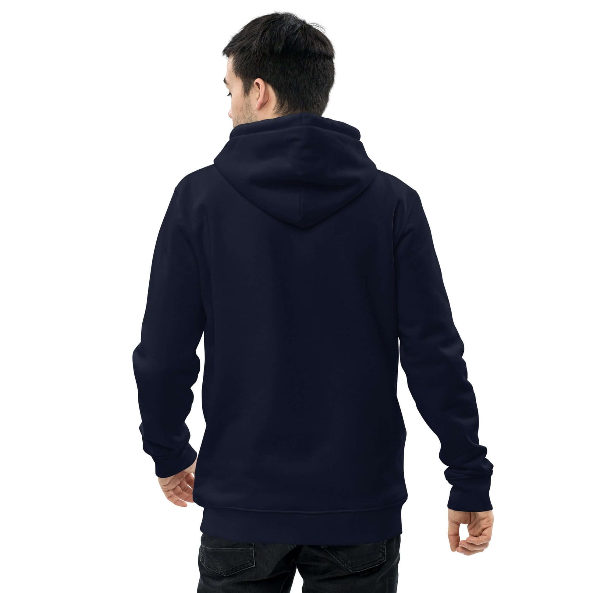 other ideas eco streetwear ethical clothing men's french navy blue sweatshirt hoodie logo printed organic cotton blend jersey sustainable slow fashion modelled back view