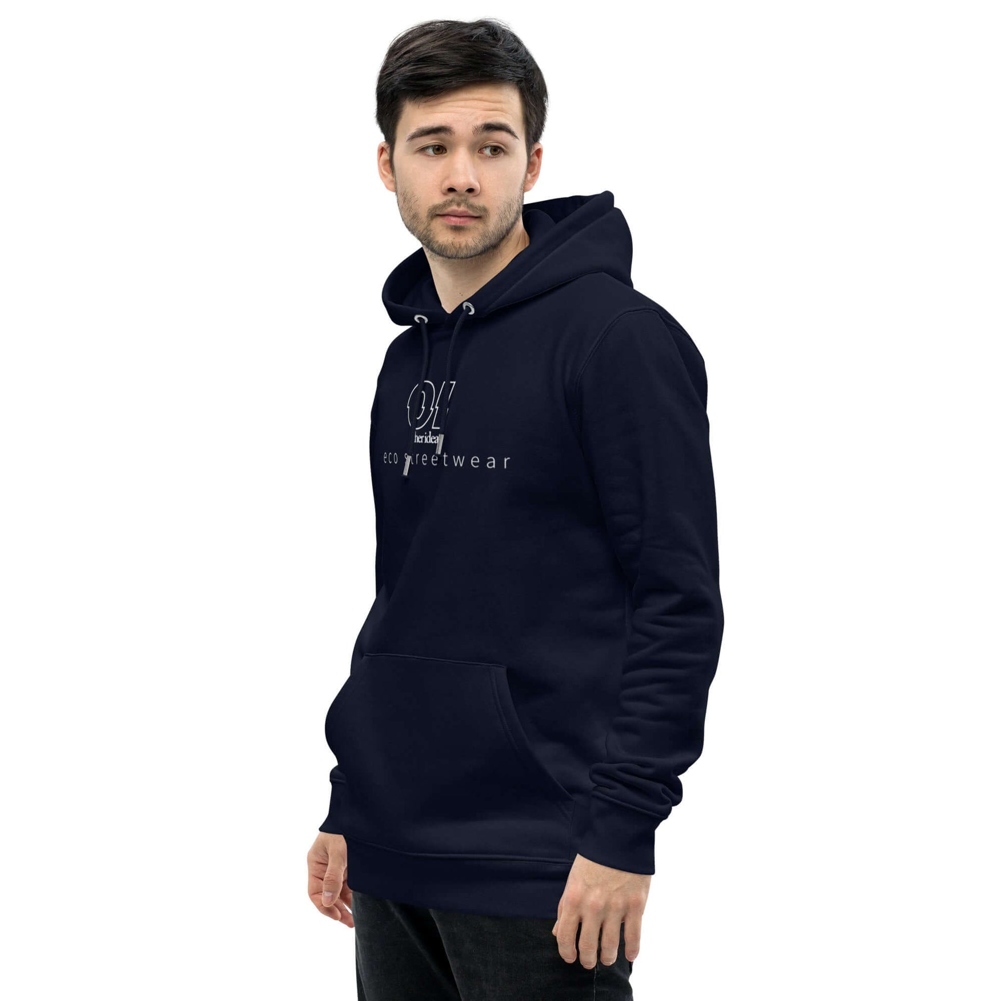 other ideas eco streetwear ethical clothing men's french navy blue sweatshirt hoodie logo printed organic cotton blend jersey sustainable slow fashion modelled front view