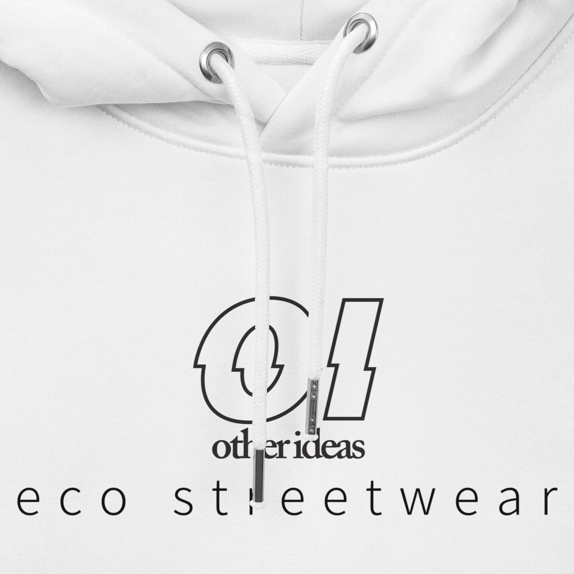 other ideas eco streetwear ethical clothing men's white sweatshirt hoodie logo printed organic cotton blend jersey sustainable slow fashion flat front view showing drawstring and print detail