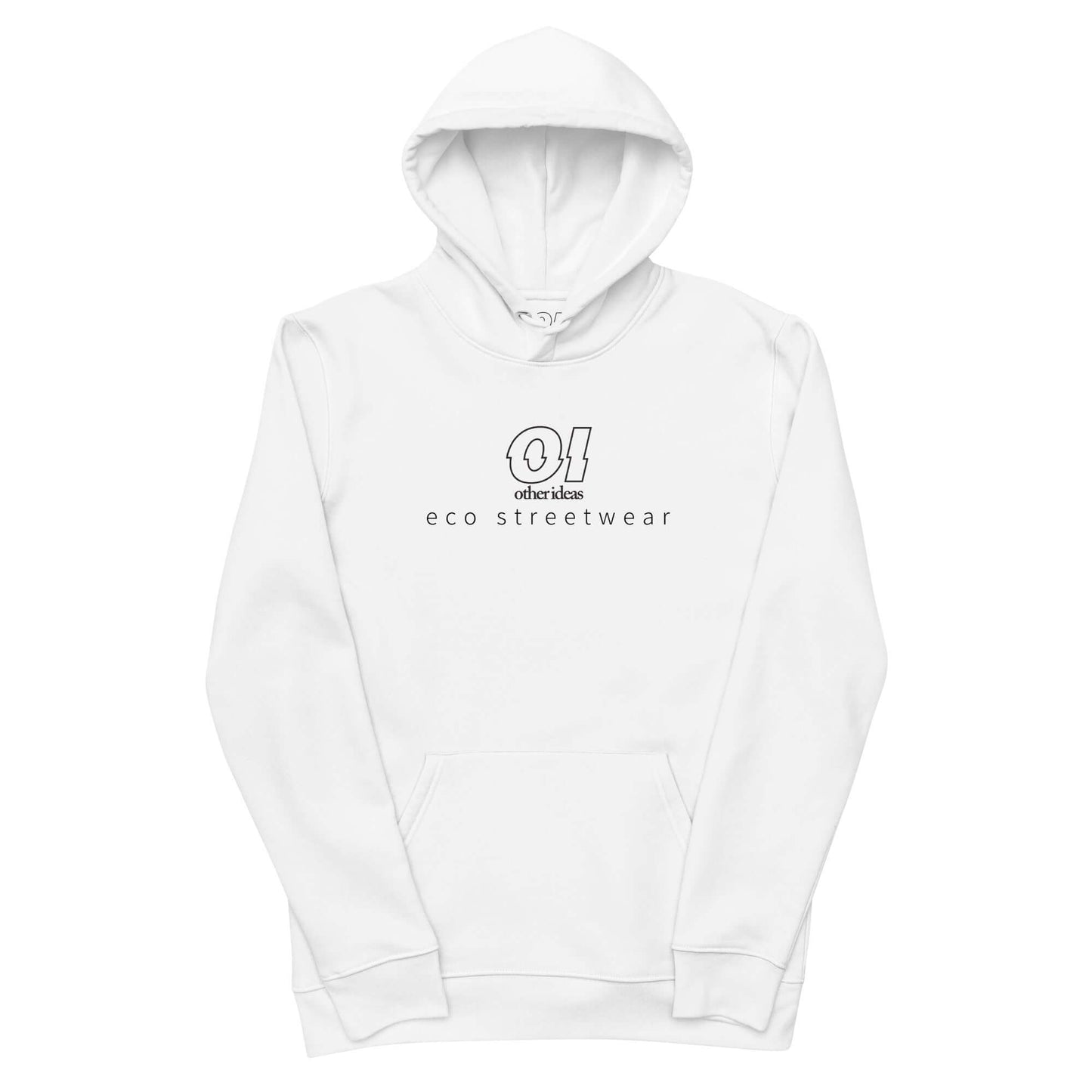 other ideas eco streetwear ethical clothing men's white sweatshirt hoodie logo printed organic cotton blend jersey sustainable slow fashion flat front view