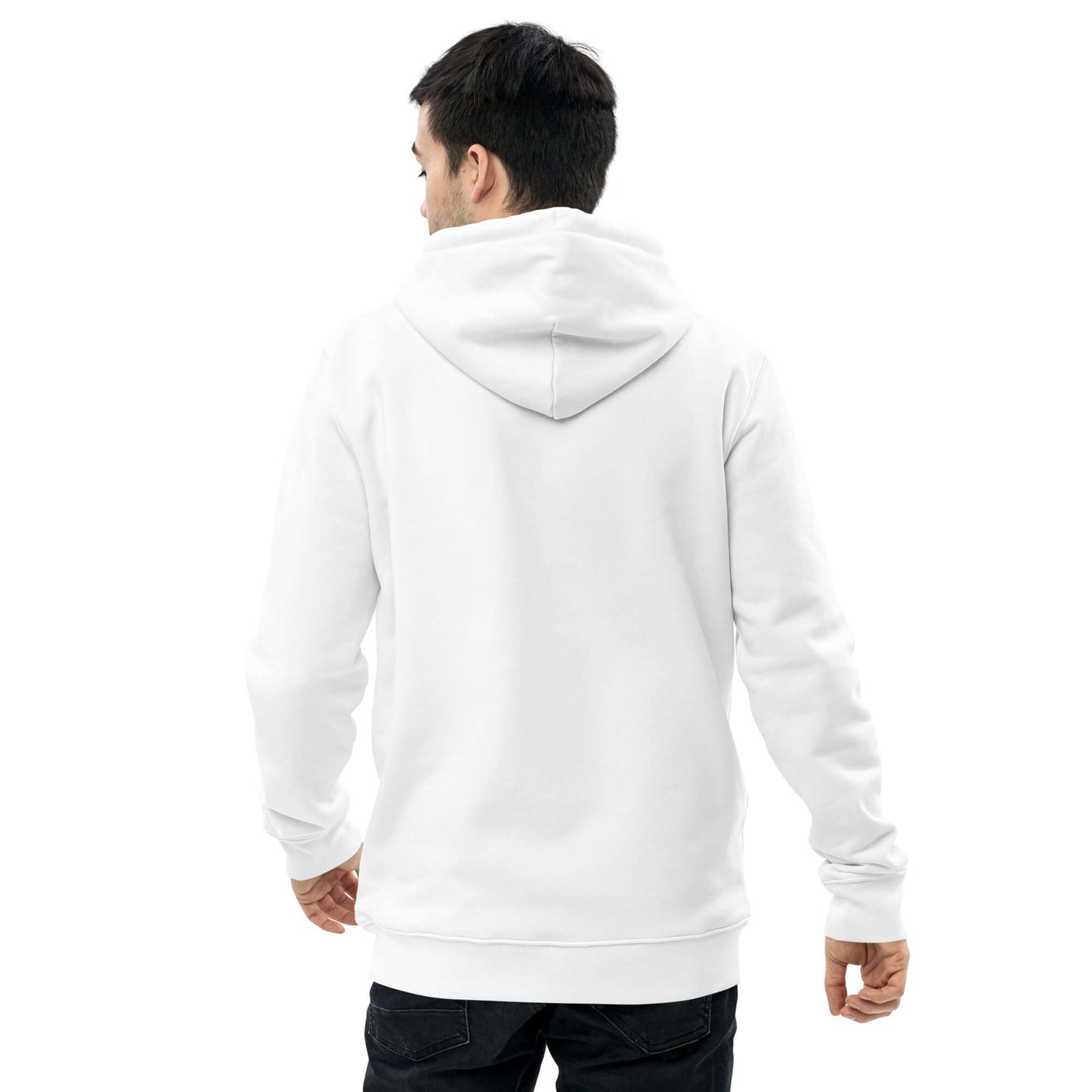 other ideas eco streetwear ethical clothing men's white sweatshirt hoodie logo printed organic cotton blend jersey sustainable slow fashion modelled back view