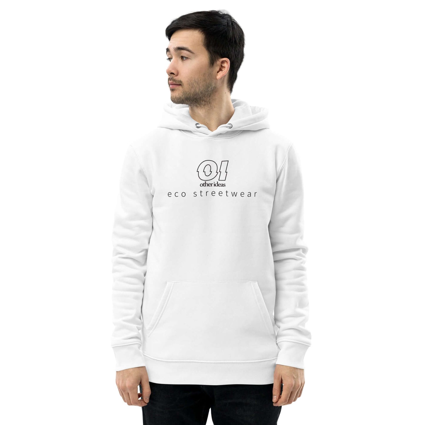 other ideas eco streetwear ethical clothing men's white sweatshirt hoodie logo printed organic cotton blend jersey sustainable slow fashion modelled front view