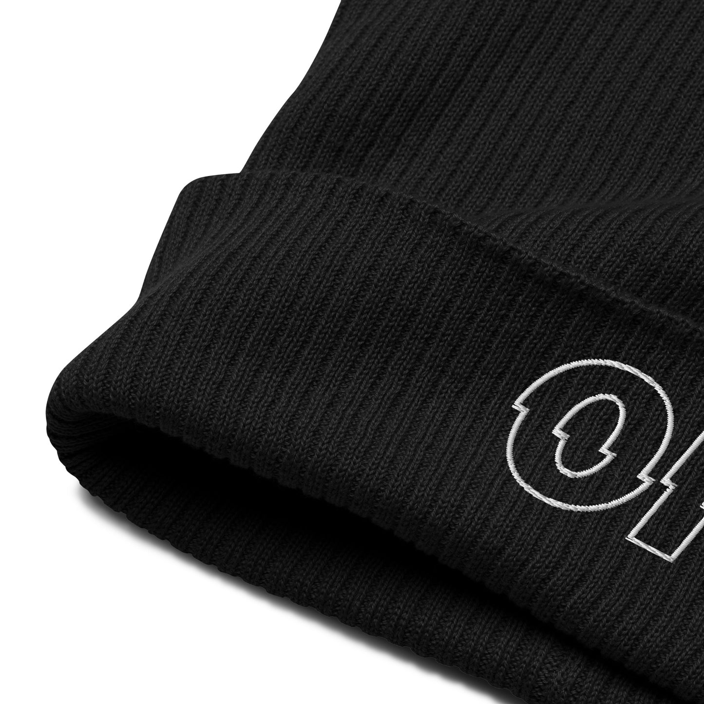 other ideas eco streetwear black organic cotton ribbed beanie sustainable slow fashion view showing ribbed fabric and embroidery logo detail